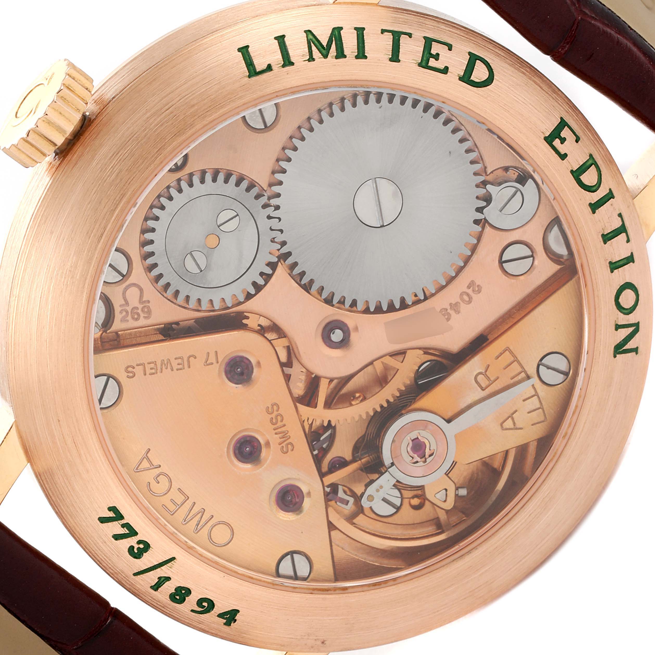 This image shows the back view of the Omega Museum 5950.30.03 Men's Rose Gold Brown Dial 5950.30.03 Men's Rose Gold Brown Dial model watch, highlighting its intricate mechanical movement and "Limited Edition" engraving.