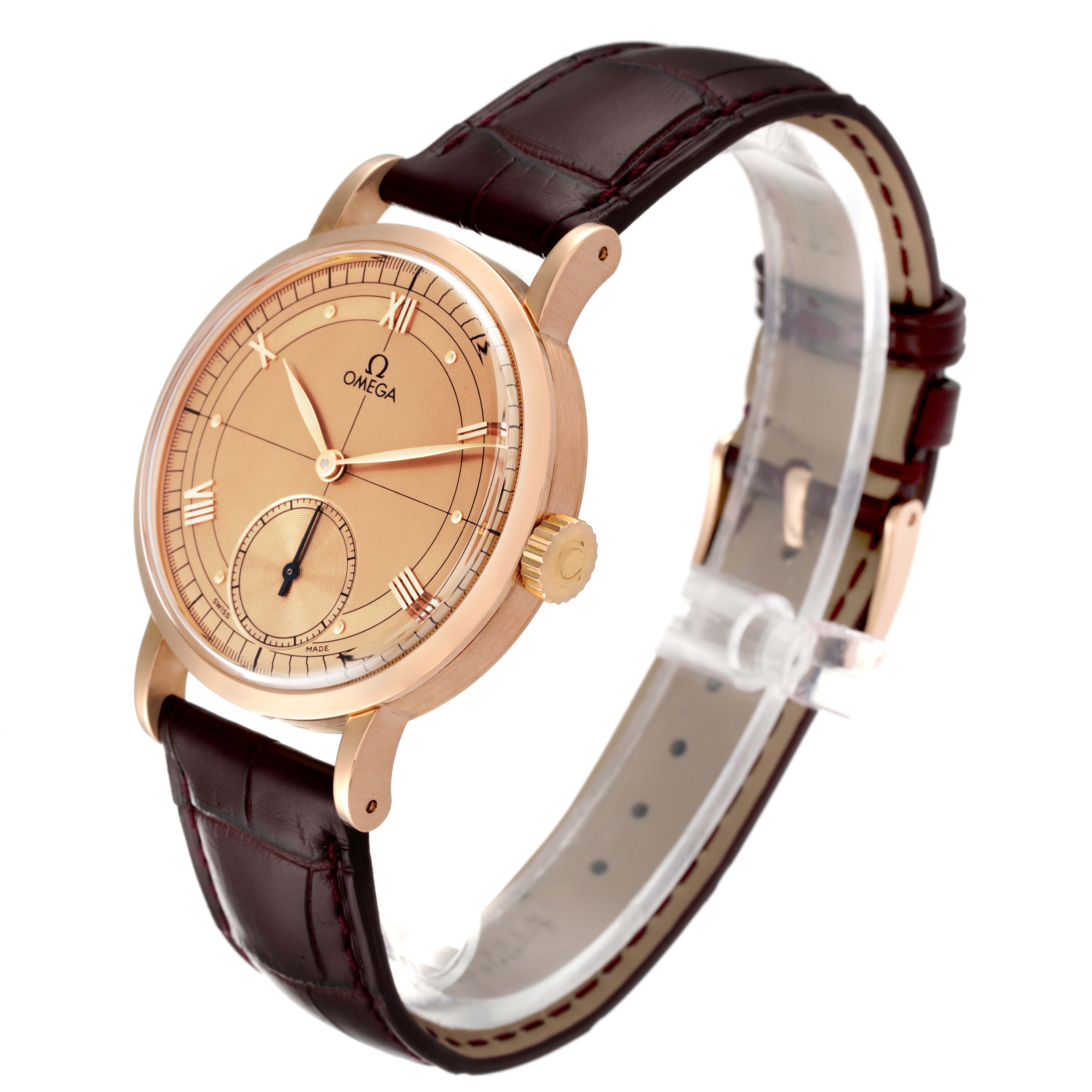 The image shows a side-angle view of an Omega Museum 5950.30.03 Men's Rose Gold Brown Dial 5950.30.03 Men's Rose Gold Brown Dial model watch, highlighting the face, crown, and leather strap.