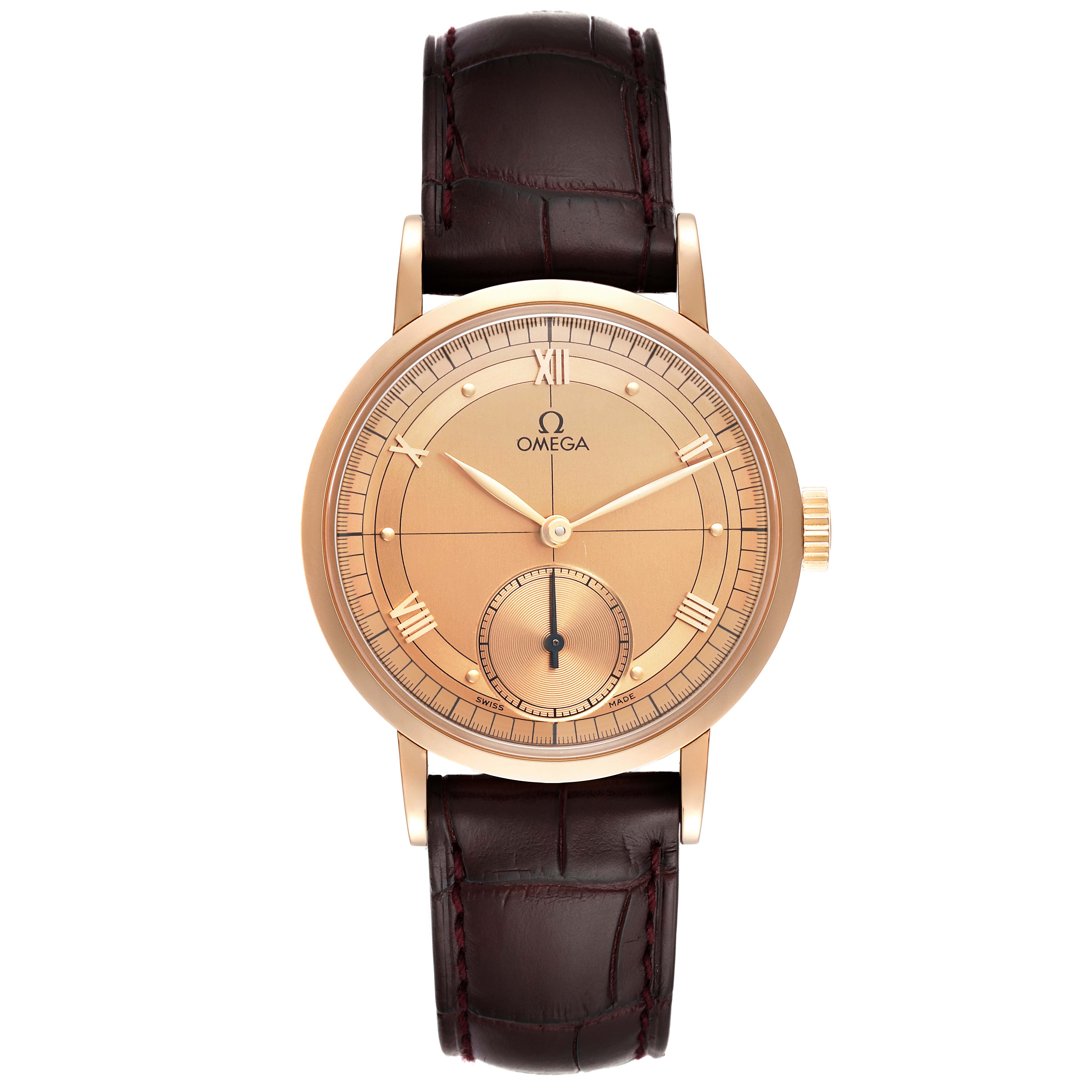 The image shows a front view of the Omega Museum 5950.30.03 Men's Rose Gold Brown Dial 5950.30.03 Men's Rose Gold Brown Dial model watch with a brown leather strap and gold-tone case.