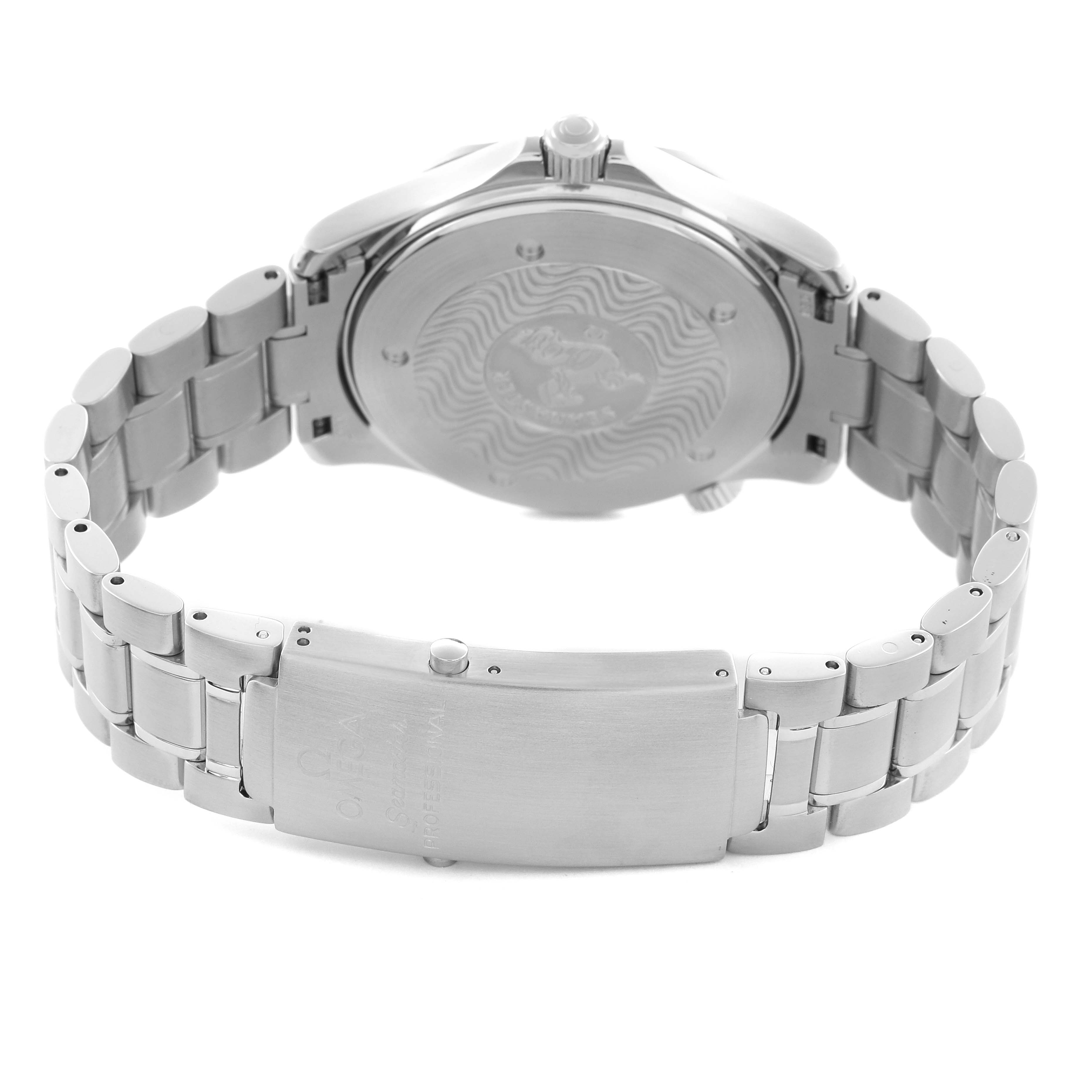 The image shows the back and bracelet of the Omega Seamaster 2255.80.00 Men's Stainless Steel Blue Dial 2255.80.00 Men's Stainless Steel Blue Dial watch, highlighting the closed clasp and case back.