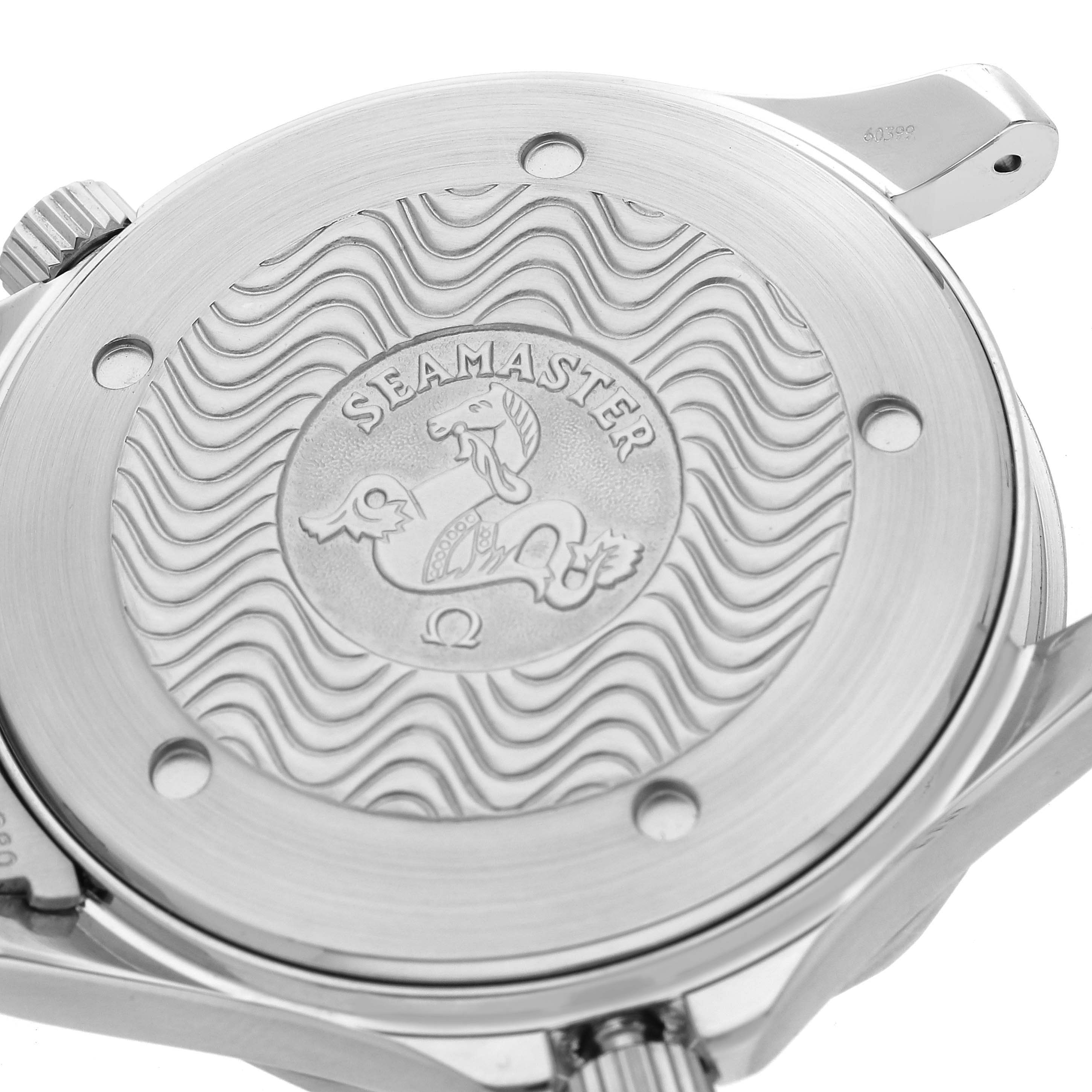 The image shows the case back of the Omega Seamaster 2255.80.00 Men's Stainless Steel Blue Dial 2255.80.00 Men's Stainless Steel Blue Dial, featuring a wave pattern and the engraved logo.