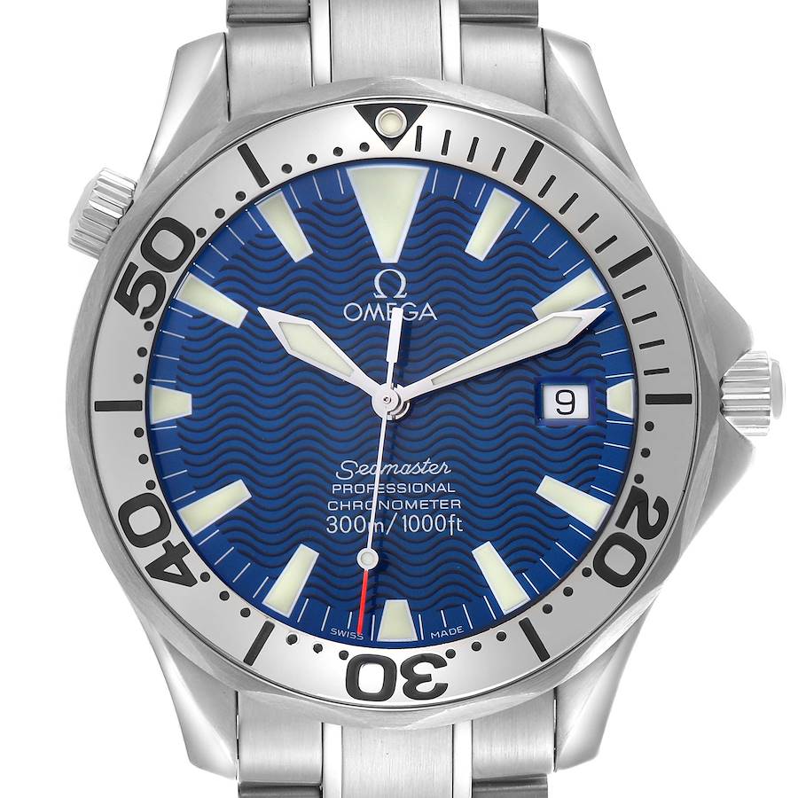 The Omega Seamaster watch is shown from a front angle, highlighting the dial, bezel, hands, and bracelet.
