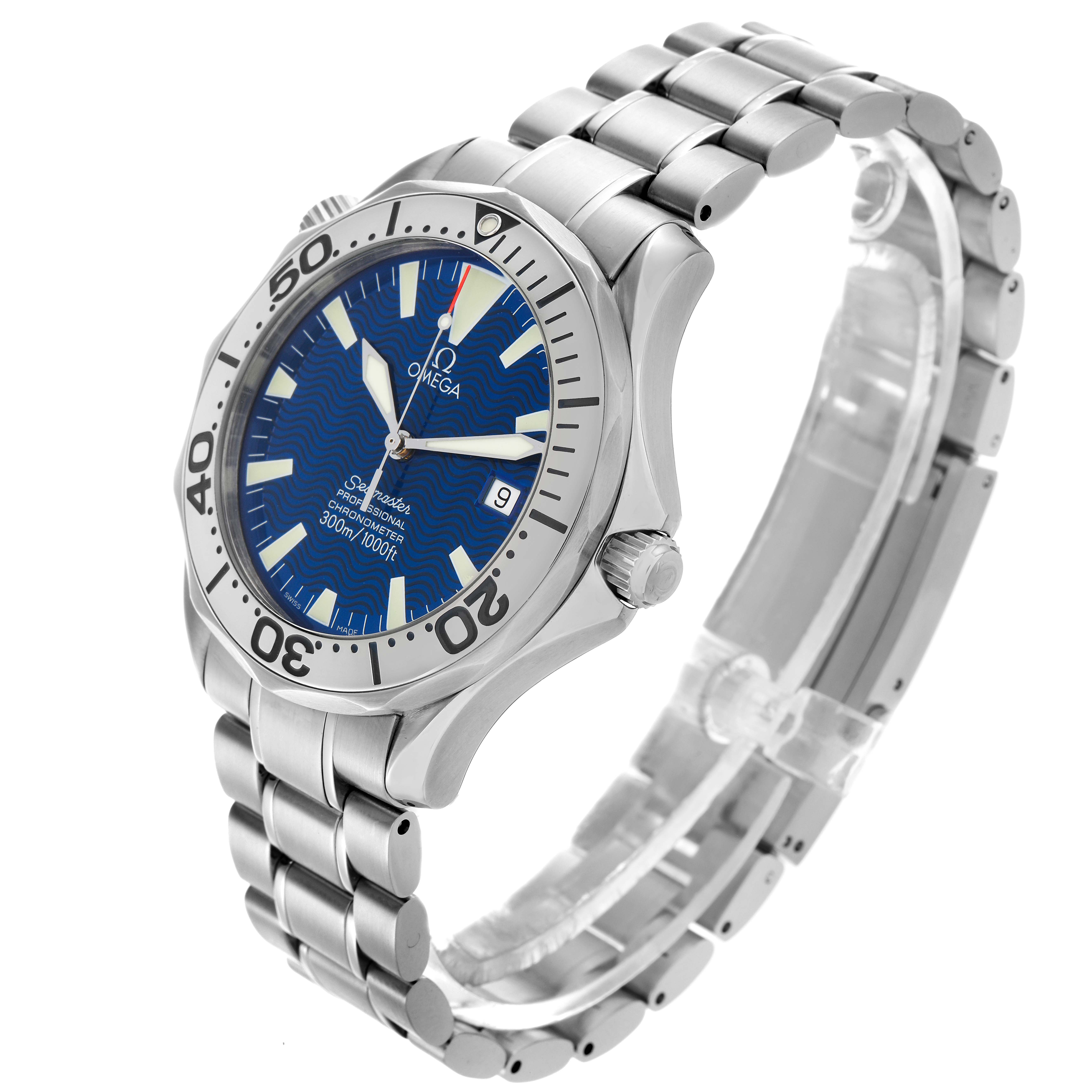 The Omega Seamaster 2255.80.00 Men's Stainless Steel Blue Dial 2255.80.00 Men's Stainless Steel Blue Dial model is shown at an angle, displaying the blue dial, bezel, crown, and metal bracelet.
