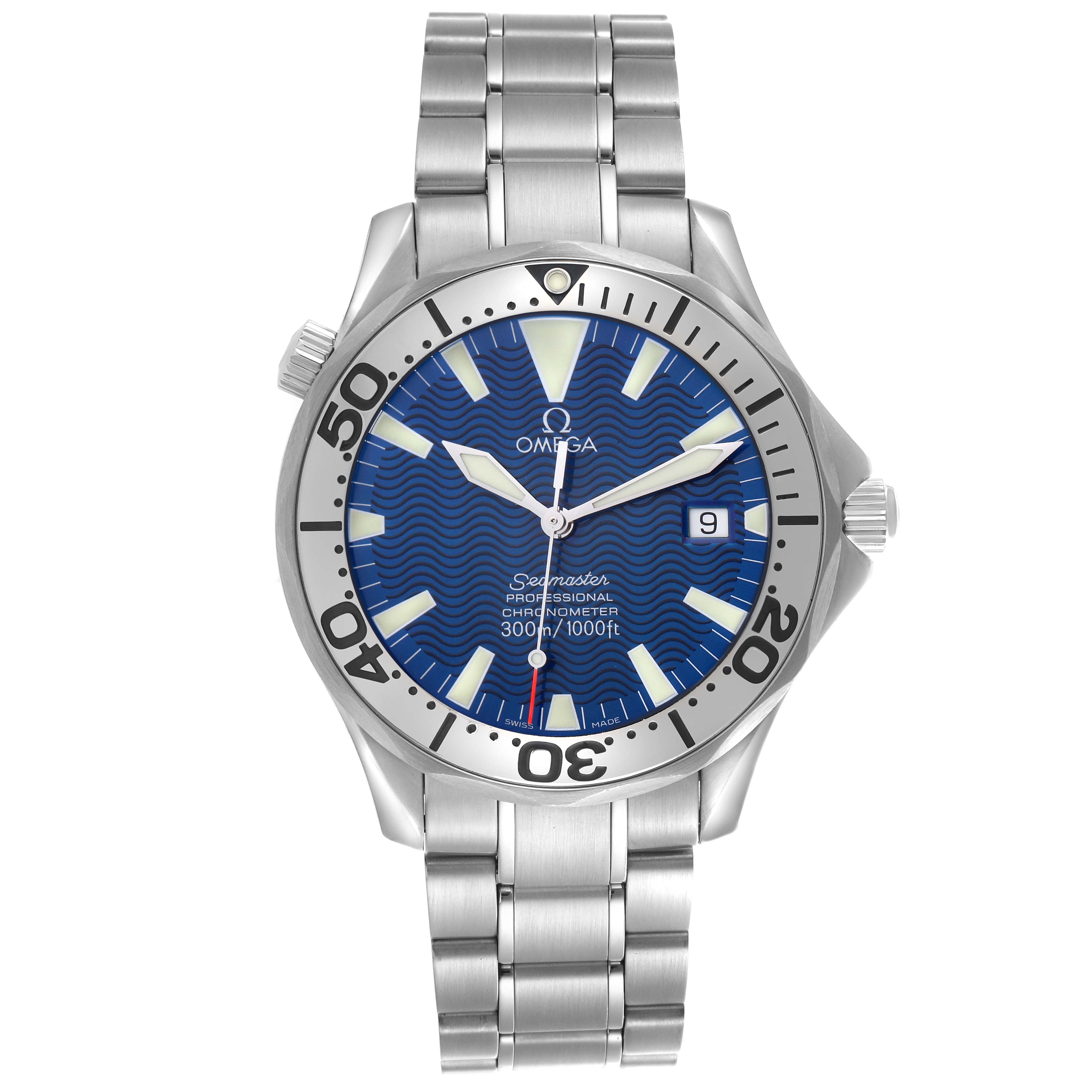 The Omega Seamaster 2255.80.00 Men's Stainless Steel Blue Dial 2255.80.00 Men's Stainless Steel Blue Dial watch is shown from the front, displaying the blue wavy dial, bezel, and metal bracelet.