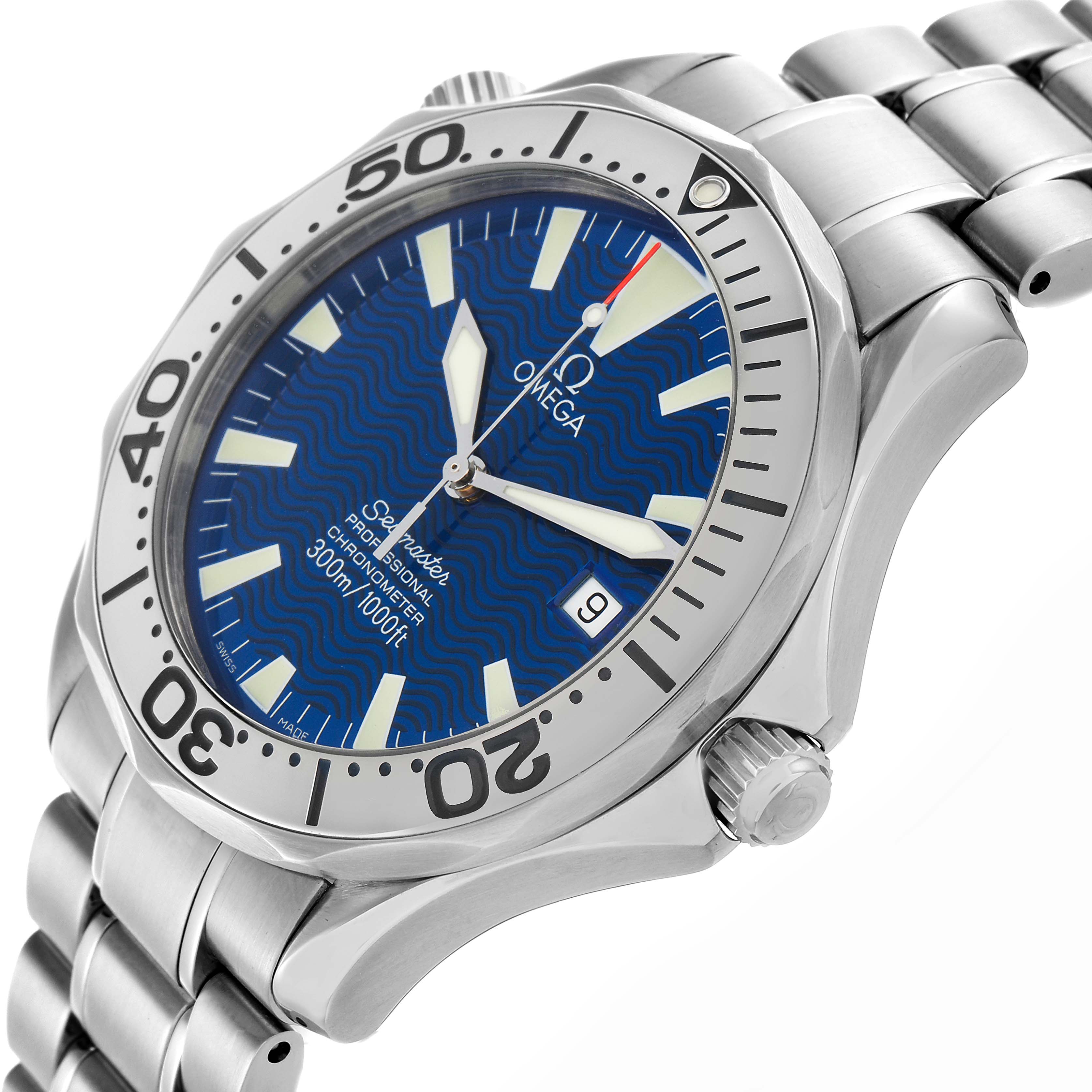 The Omega Seamaster 2255.80.00 Men's Stainless Steel Blue Dial 2255.80.00 Men's Stainless Steel Blue Dial watch is shown from a front and slightly side angle, highlighting the face, bezel, and bracelet.