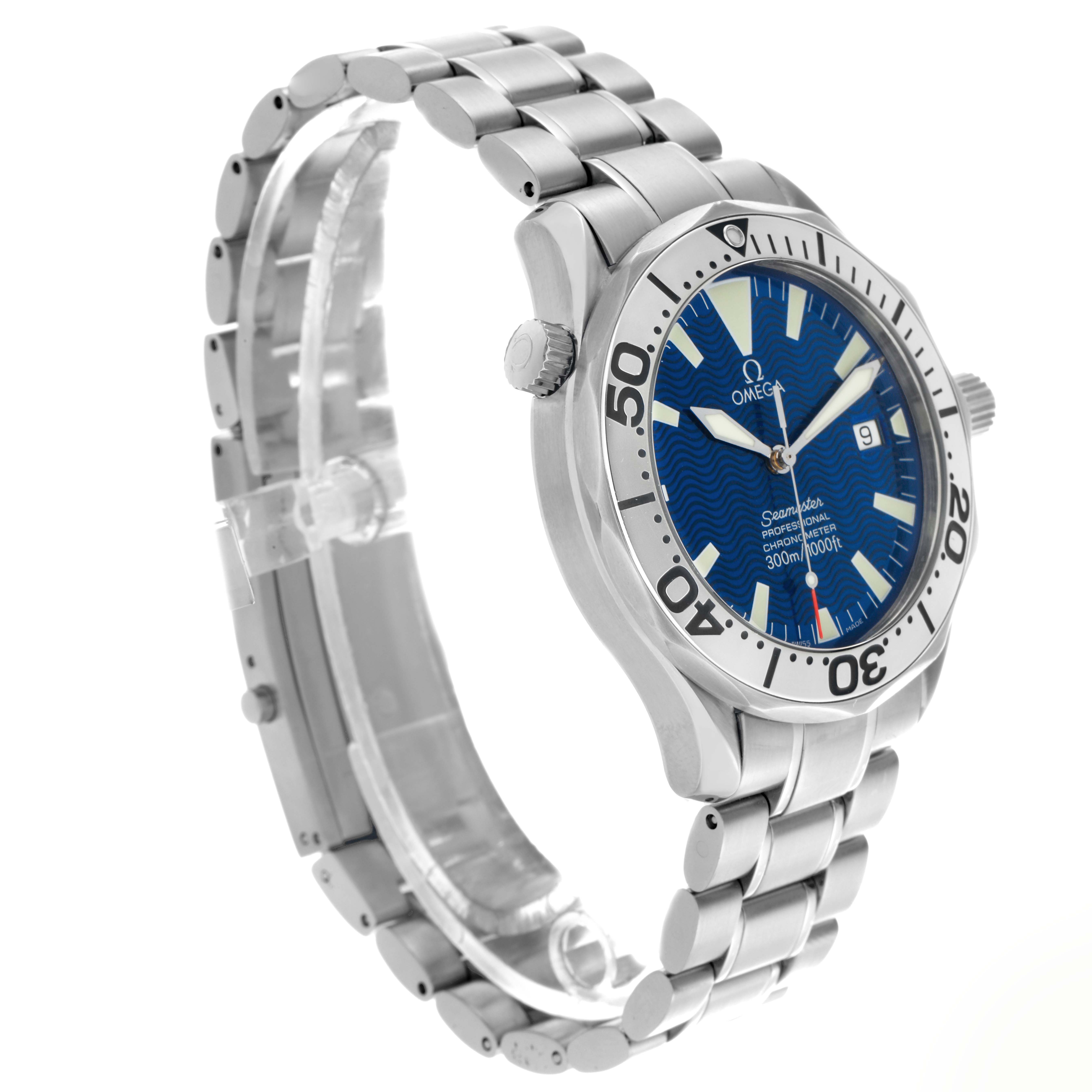 The Omega Seamaster 2255.80.00 Men's Stainless Steel Blue Dial 2255.80.00 Men's Stainless Steel Blue Dial watch is shown at a three-quarter angle, highlighting the blue dial, bezel, and bracelet.