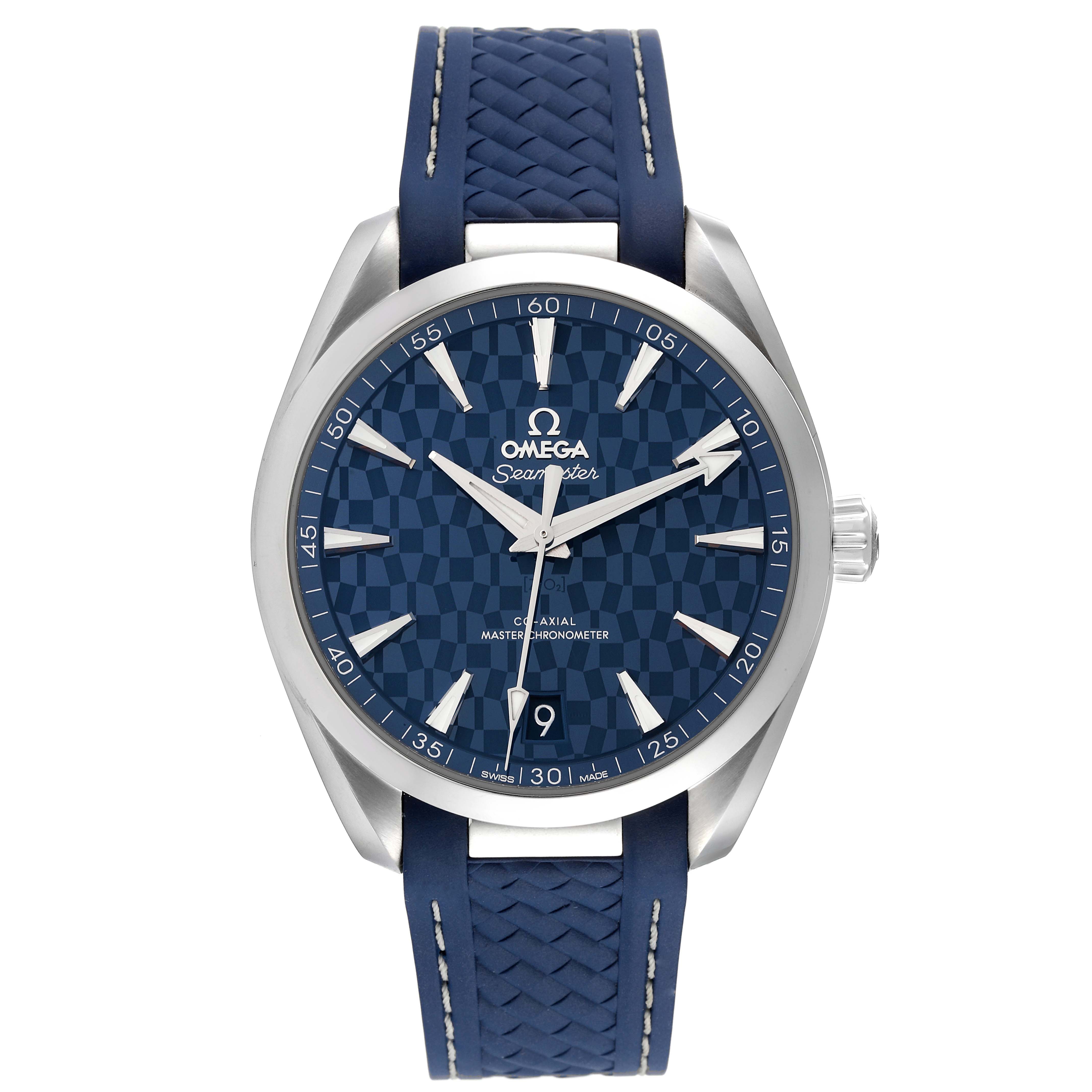 The image shows a front view of the Omega Seamaster Aqua Terra watch, highlighting the dial, hour markers, hands, and strap.