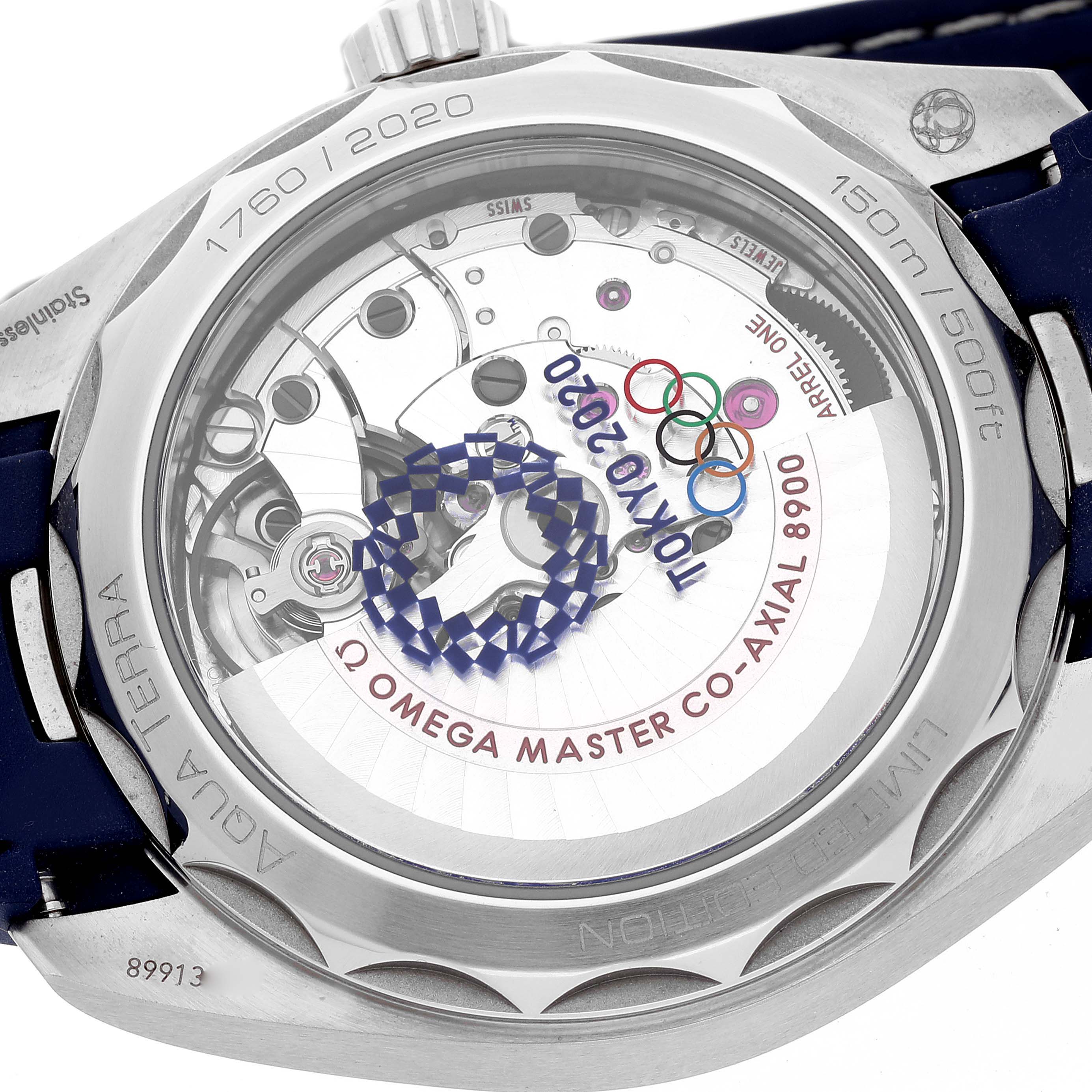 The image shows the back view of an Omega Aqua Terra 522.12.41.21.03.001 Men's Stainless Steel Blue Dial 522.12.41.21.03.001 Men's Stainless Steel Blue Dial watch, featuring its transparent caseback and inner mechanisms.