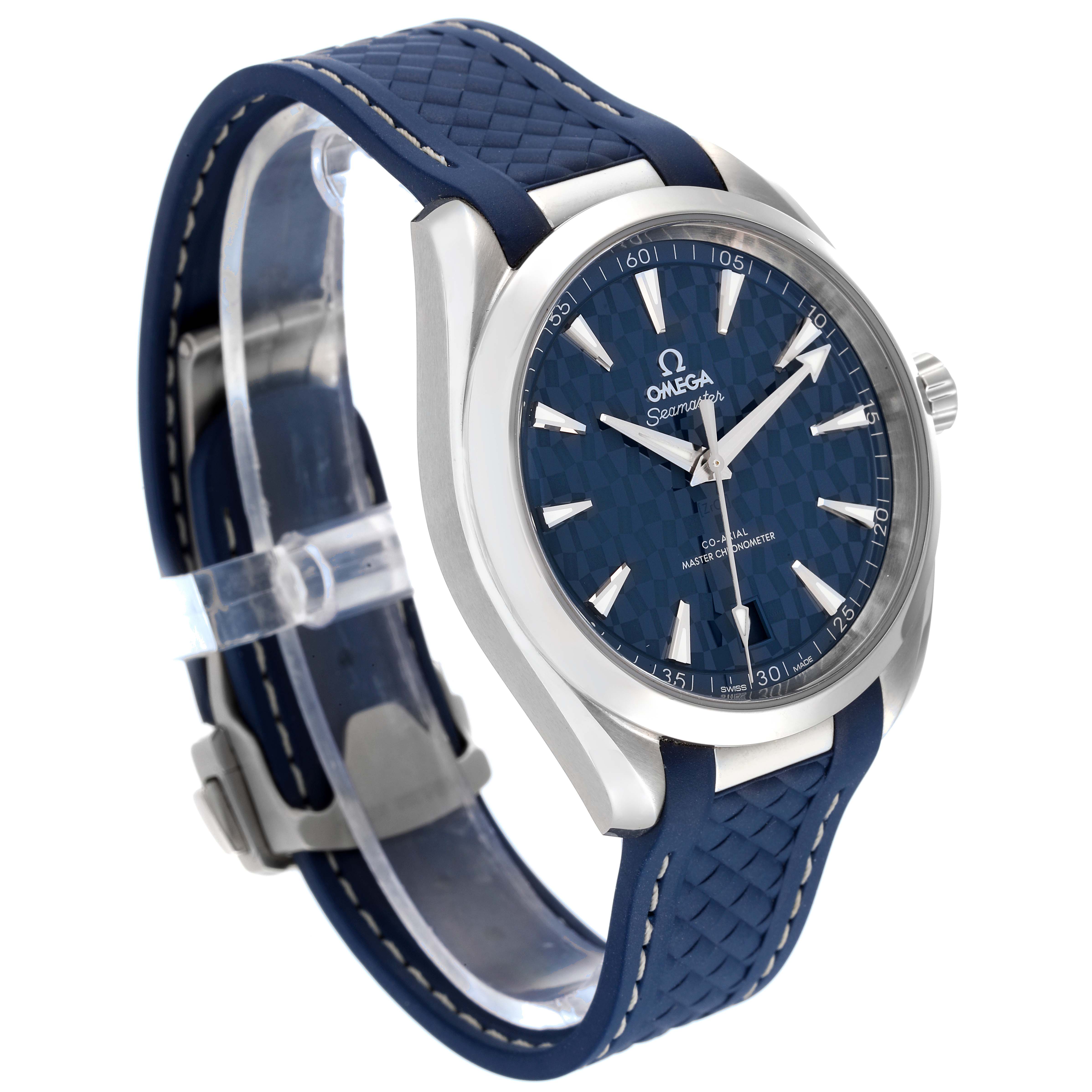 This Omega Aqua Terra 522.12.41.21.03.001 Men's Stainless Steel Blue Dial 522.12.41.21.03.001 Men's Stainless Steel Blue Dial watch is shown from a left-side angle, highlighting its face, bezel, and blue textured strap.