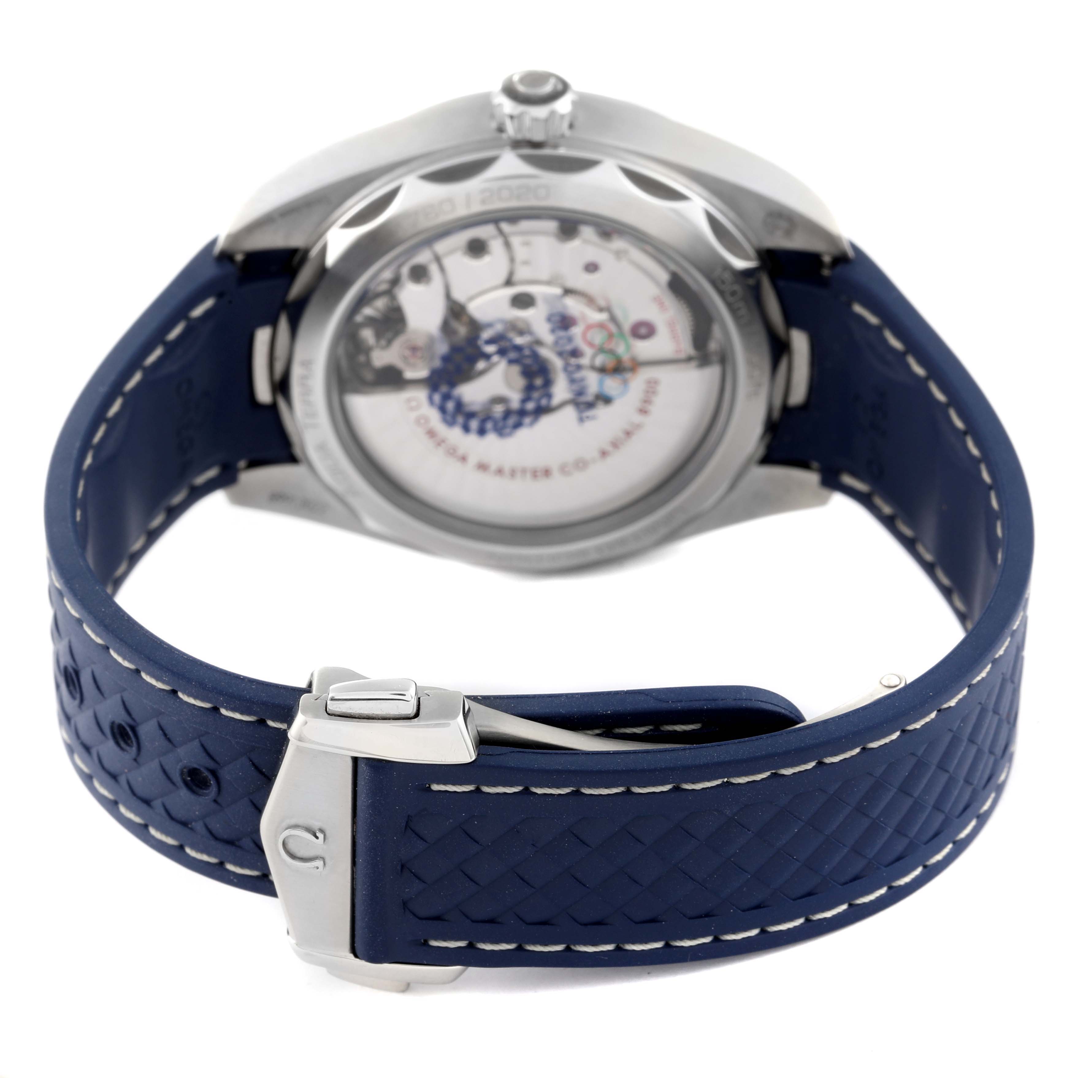 The image shows the back view of an Omega Aqua Terra 522.12.41.21.03.001 Men's Stainless Steel Blue Dial 522.12.41.21.03.001 Men's Stainless Steel Blue Dial watch, highlighting its transparent case back and blue rubber strap.