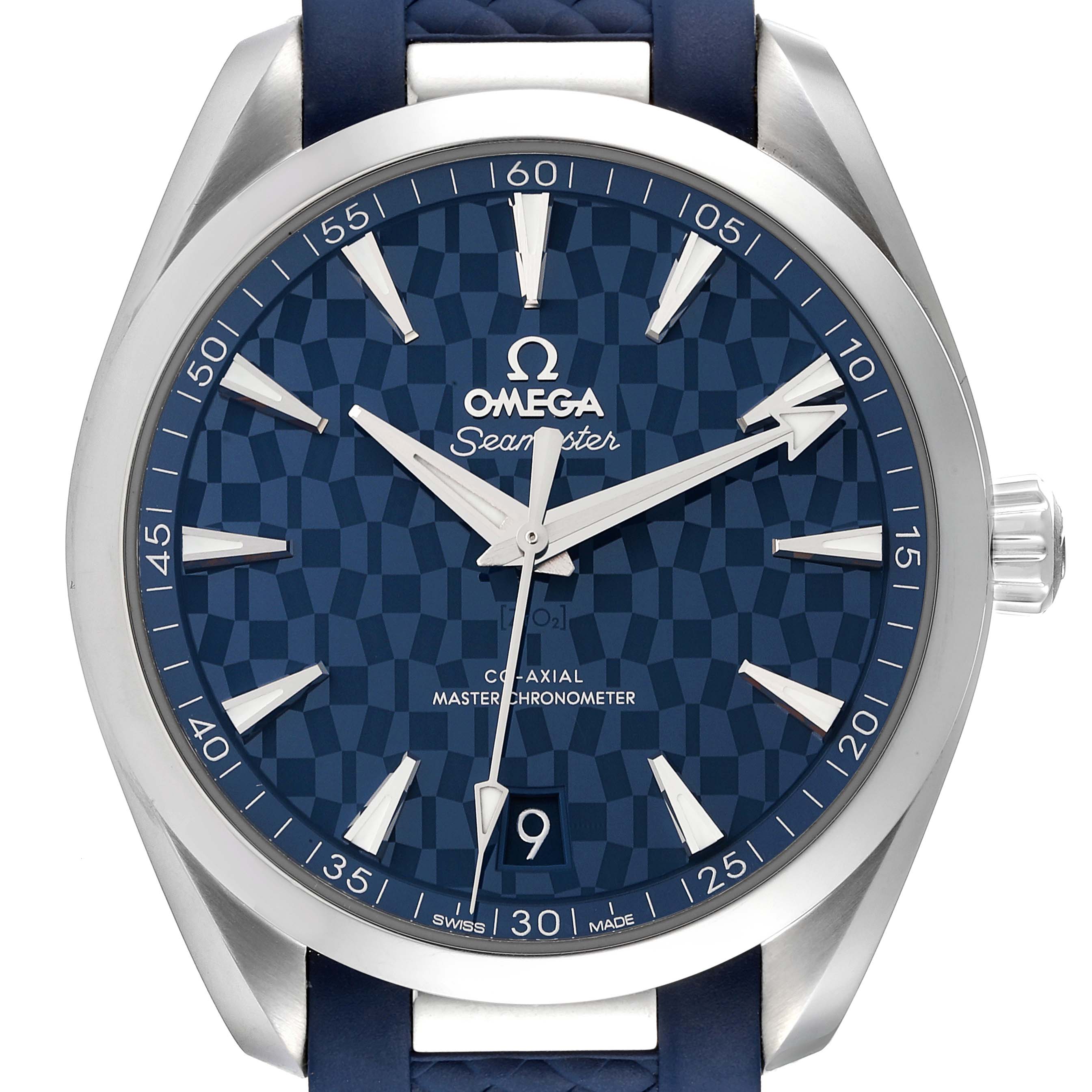 The image shows a frontal view of an Omega Aqua Terra 522.12.41.21.03.001 Men's Stainless Steel Blue Dial 522.12.41.21.03.001 Men's Stainless Steel Blue Dial watch, highlighting its blue dial, silver hands, and date display.