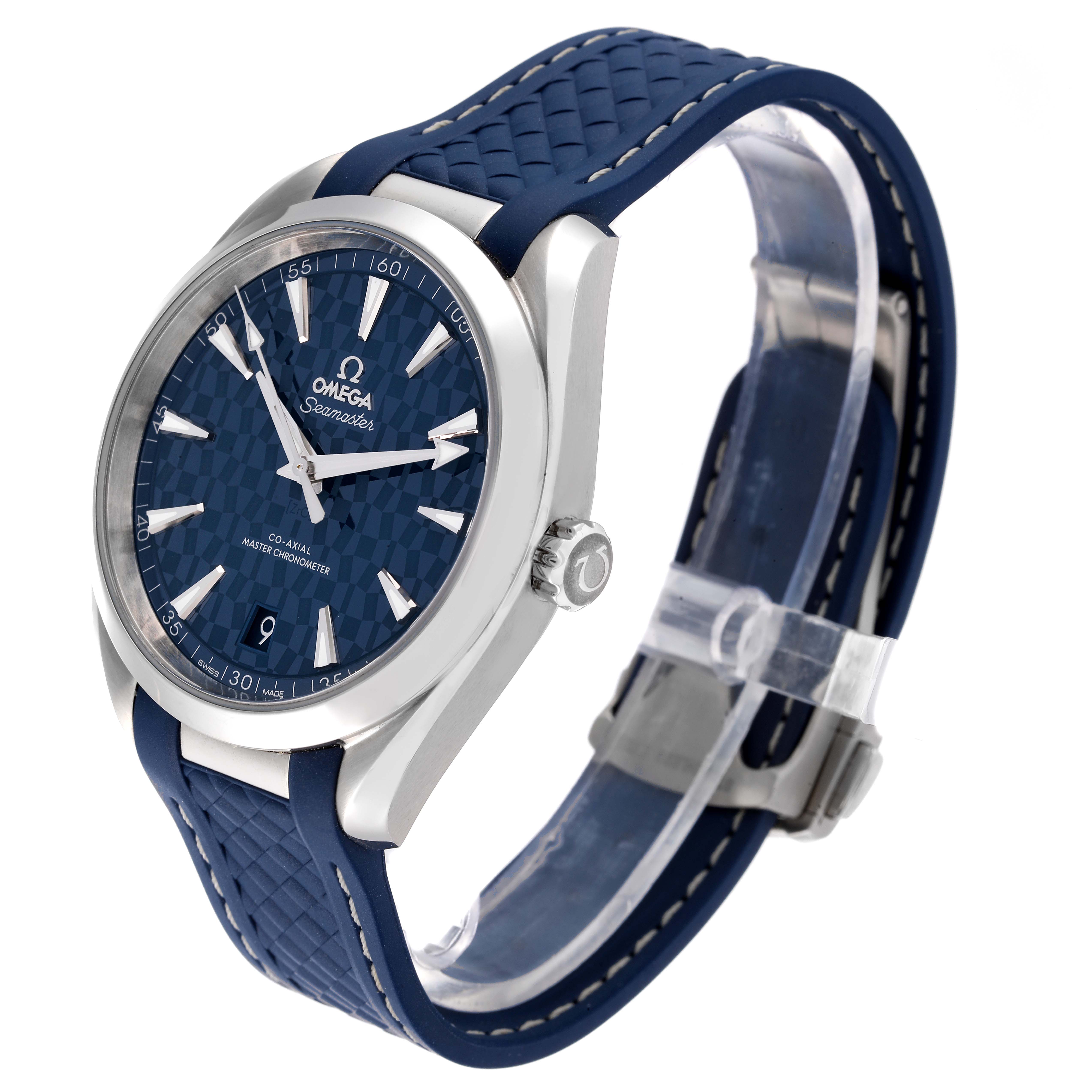 The image shows an Omega Aqua Terra 522.12.41.21.03.001 Men's Stainless Steel Blue Dial 522.12.41.21.03.001 Men's Stainless Steel Blue Dial watch displaying its face, case, crown, and blue textured strap at a three-quarter angle.