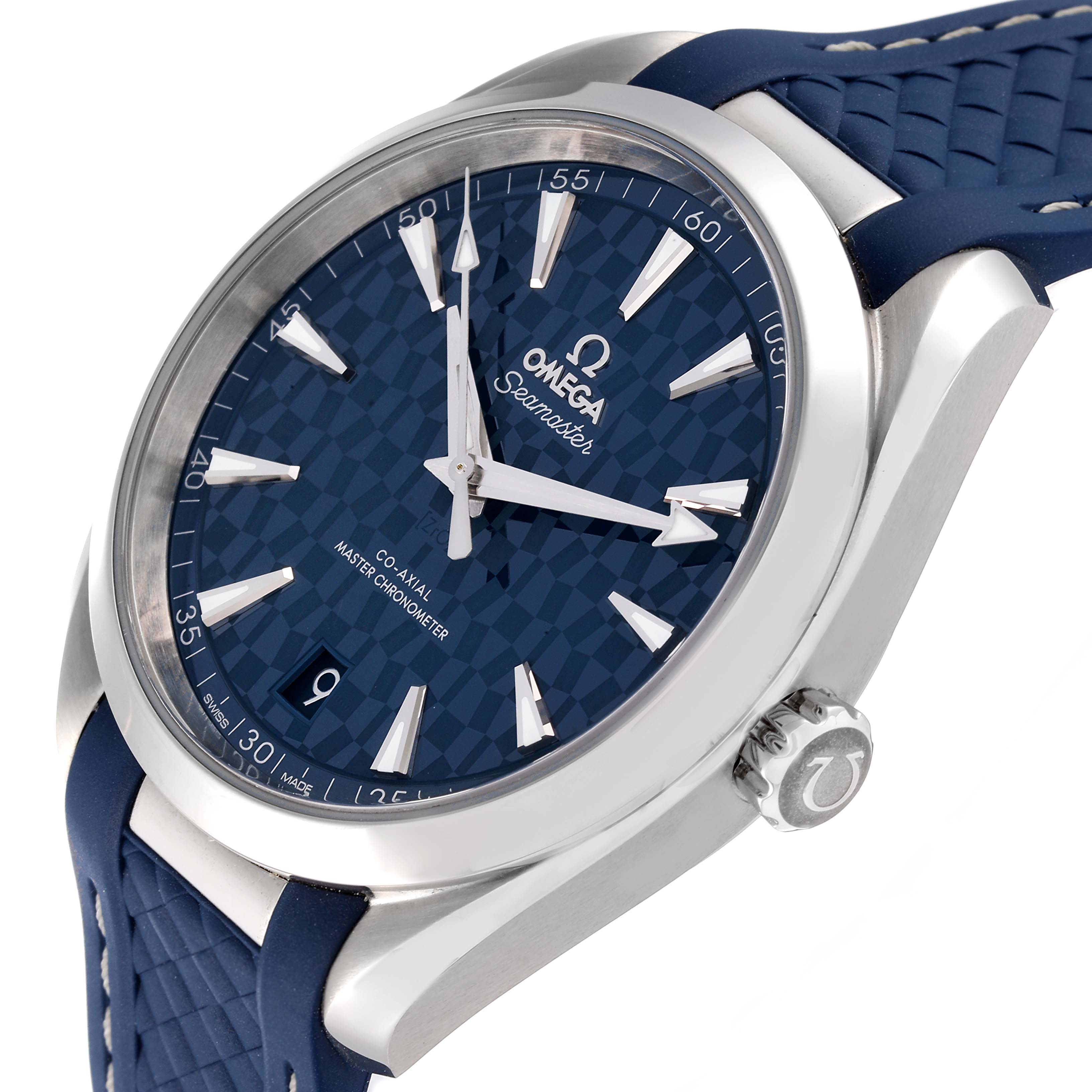 The image shows an angled view of the Omega Aqua Terra 522.12.41.21.03.001 Men's Stainless Steel Blue Dial 522.12.41.21.03.001 Men's Stainless Steel Blue Dial watch face and partial strap, highlighting the dial details and crown.
