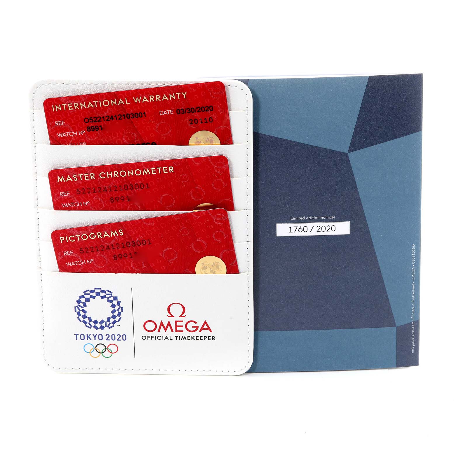 The image shows warranty cards and documents for the Omega Aqua Terra 522.12.41.21.03.001 Men's Stainless Steel Blue Dial 522.12.41.21.03.001 Men's Stainless Steel Blue Dial watch, including an international warranty, master chronometer, and pictograms.