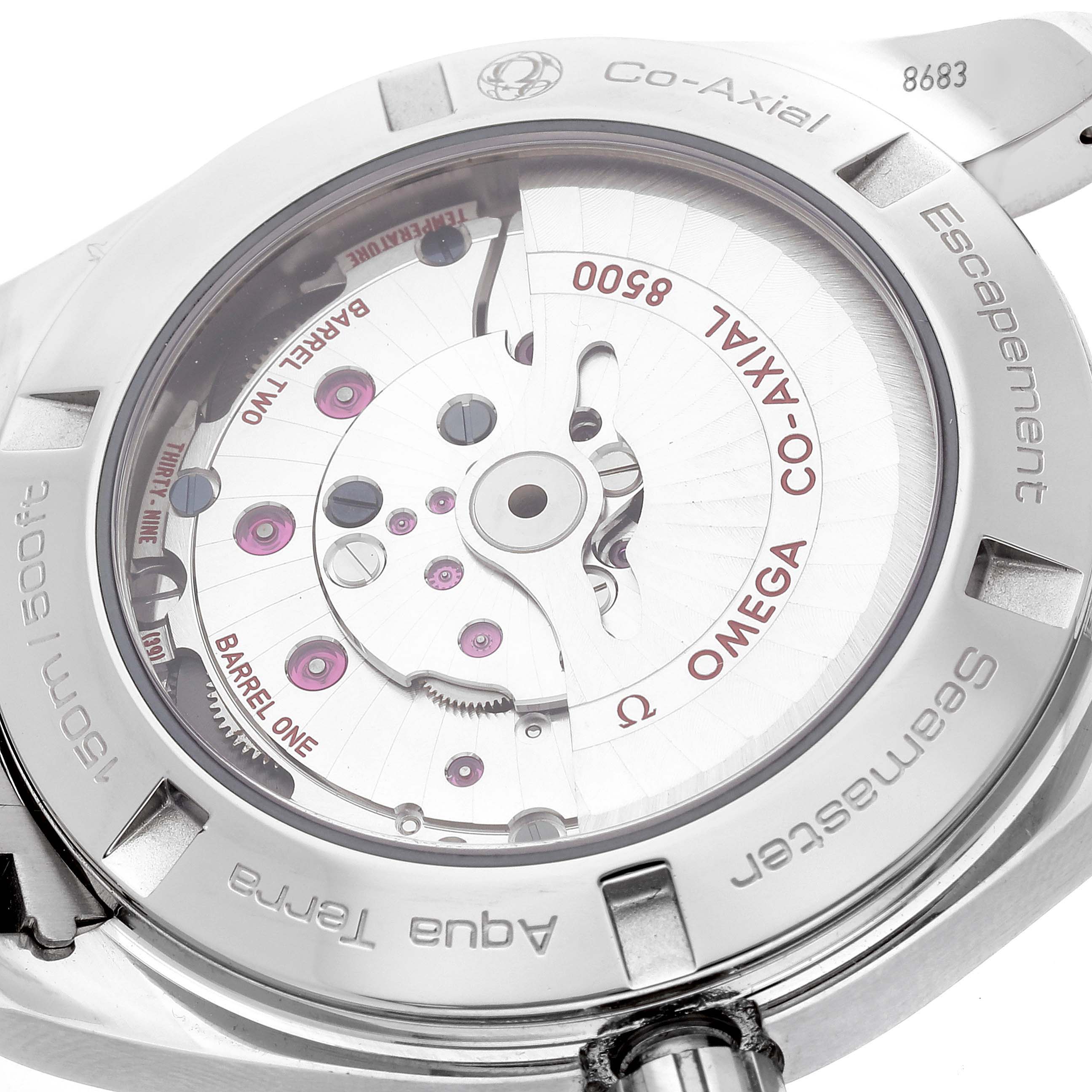 The image shows the back view of the Omega Aqua Terra 231.10.42.21.02.001 Men's Stainless Steel Silver Dial 231.10.42.21.02.001 Men's Stainless Steel Silver Dial watch, highlighting its Co-Axial escapement mechanism.