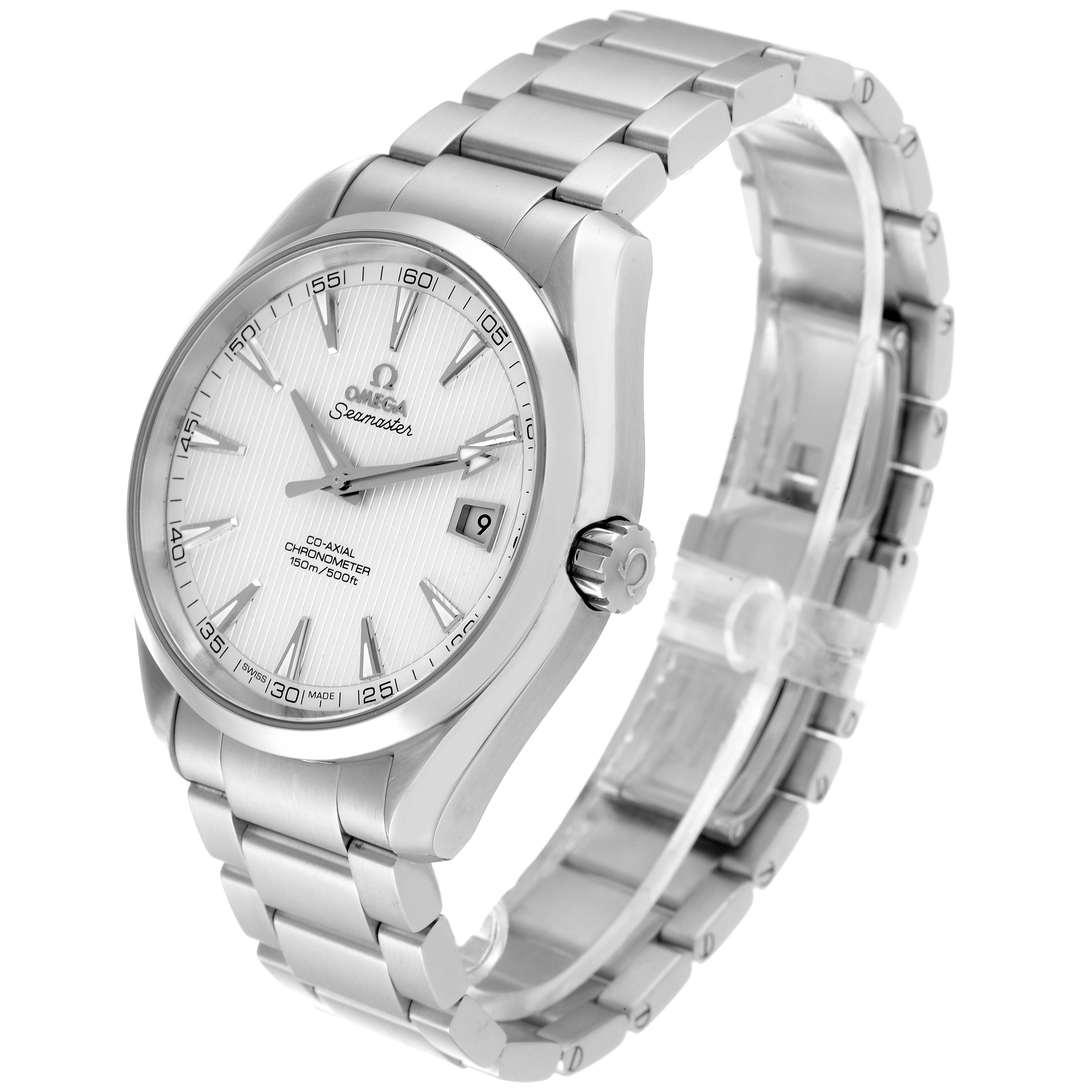 The image shows an angled view of the Omega Aqua Terra 231.10.42.21.02.001 Men's Stainless Steel Silver Dial 231.10.42.21.02.001 Men's Stainless Steel Silver Dial watch, highlighting its face, crown, and metal bracelet.