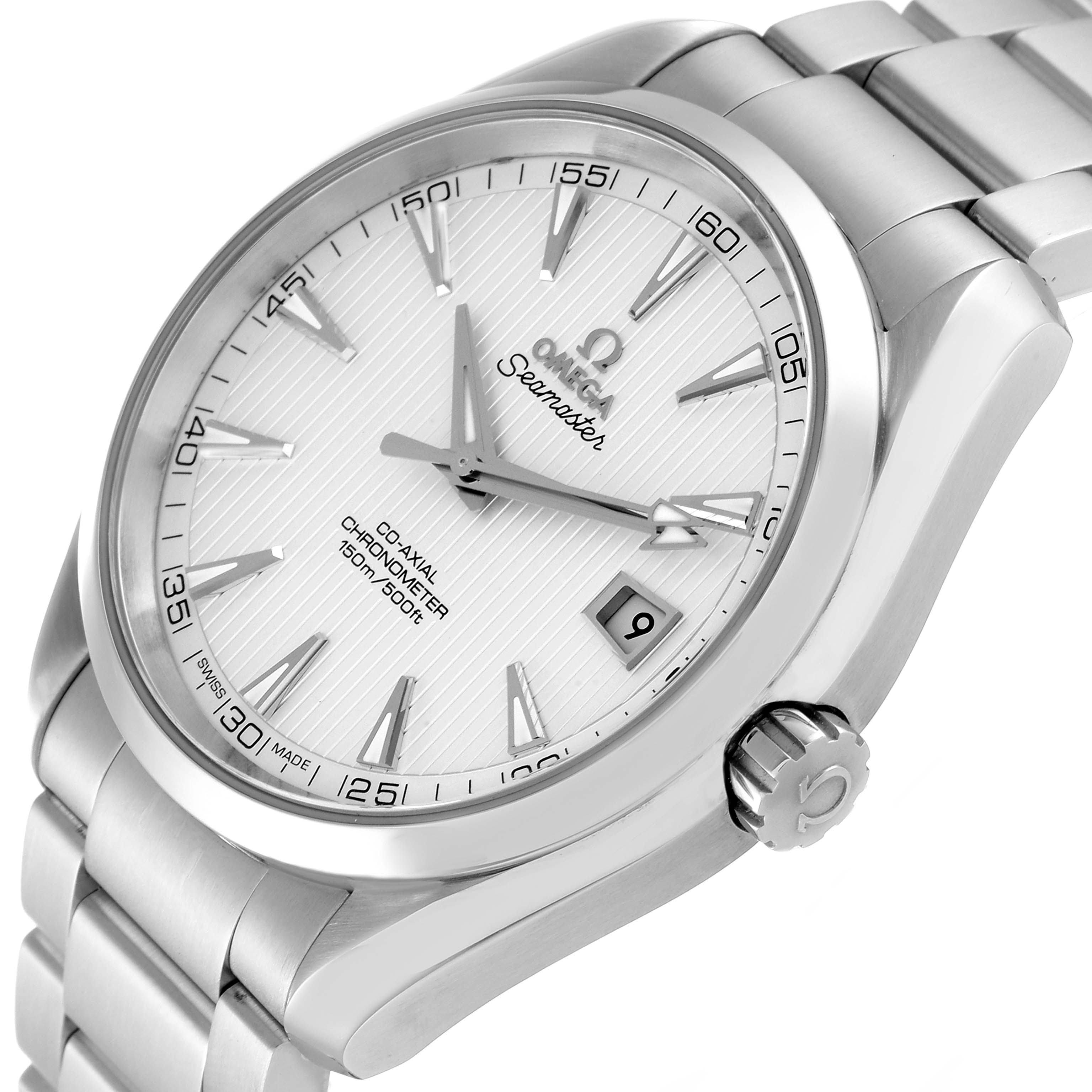 The Omega Aqua Terra 231.10.42.21.02.001 Men's Stainless Steel Silver Dial 231.10.42.21.02.001 Men's Stainless Steel Silver Dial watch is shown at a slight angle, displaying its face, crown, and part of its metal bracelet.