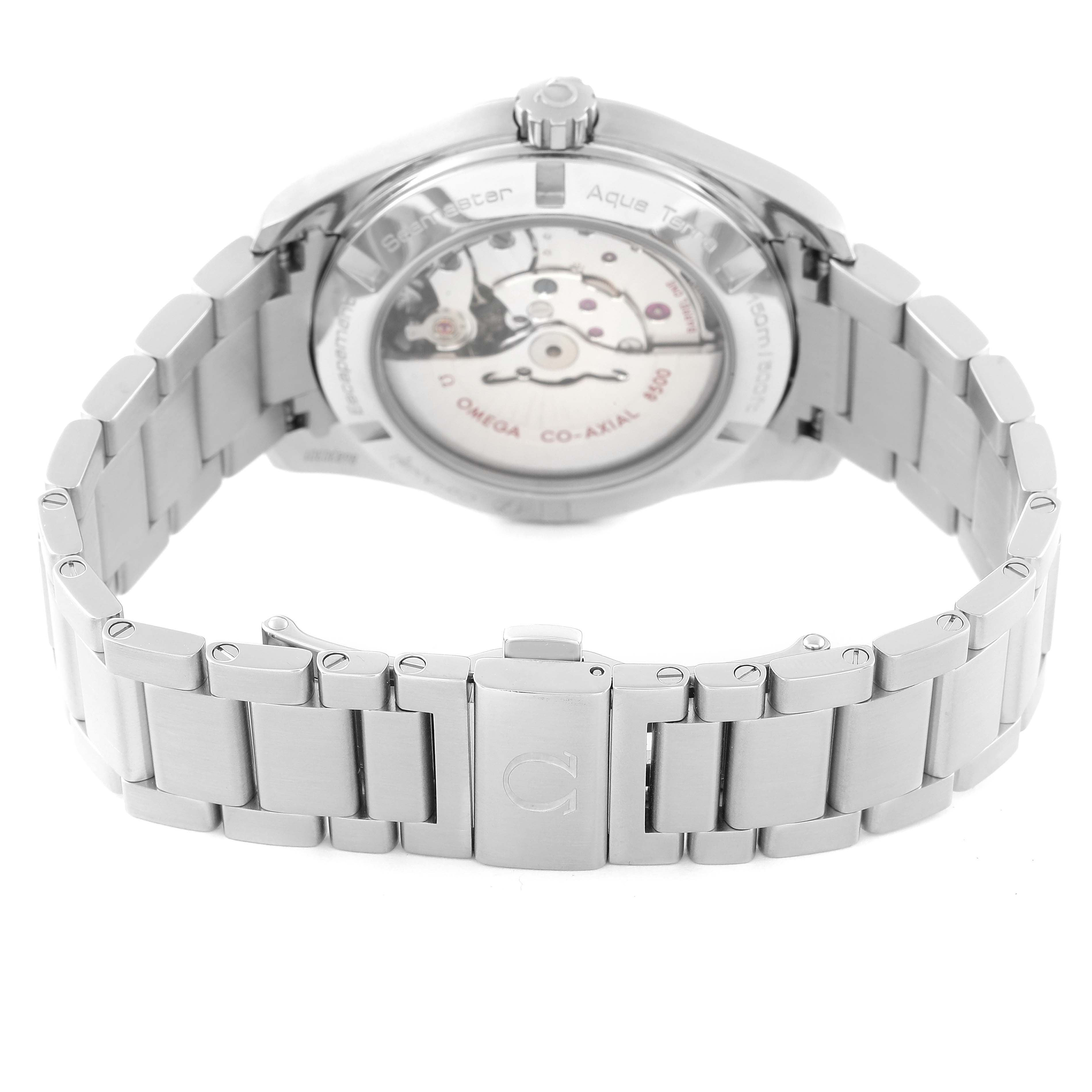 The image shows the back view of the Omega Aqua Terra 231.10.42.21.02.001 Men's Stainless Steel Silver Dial 231.10.42.21.02.001 Men's Stainless Steel Silver Dial watch, highlighting its open case back, bracelet, and clasp.