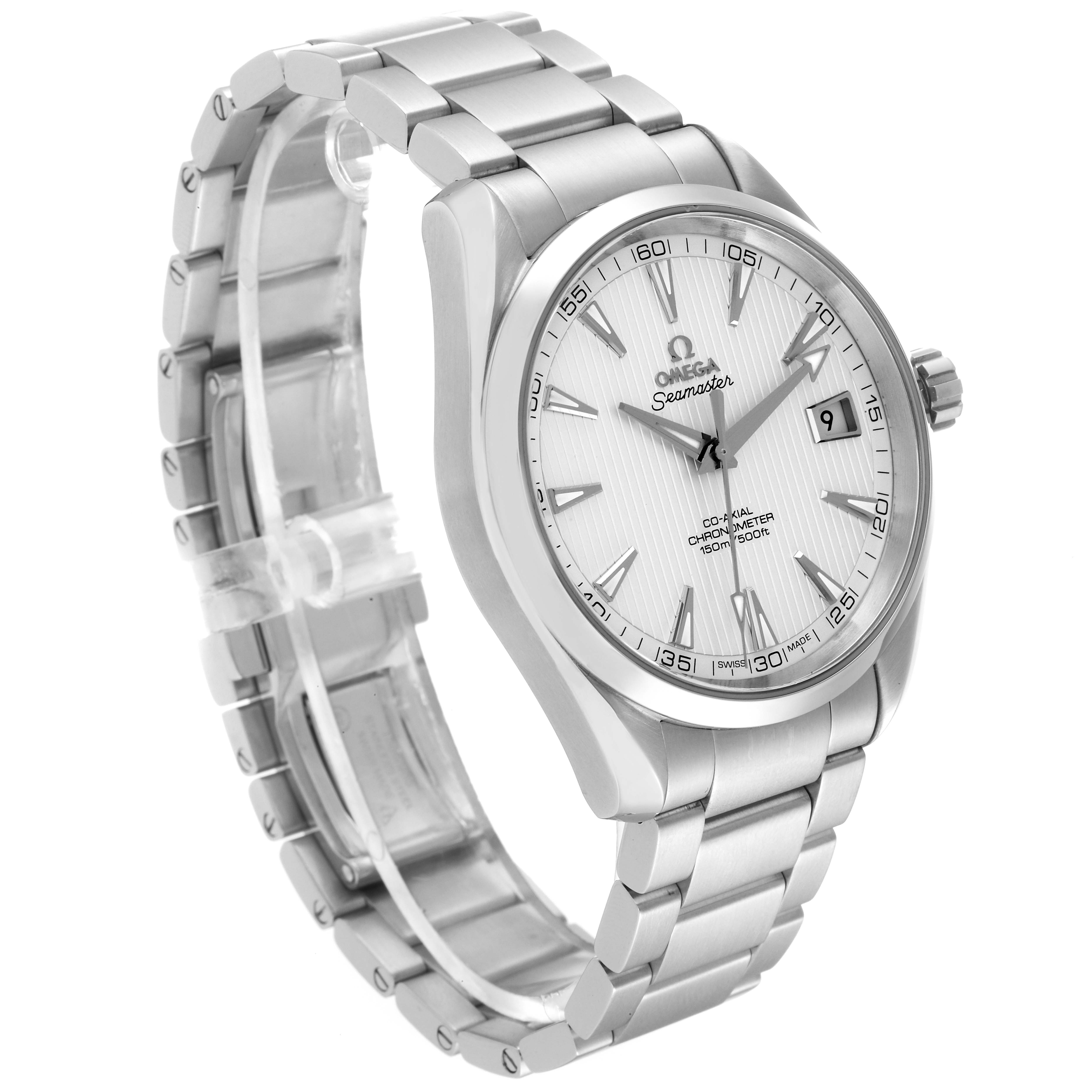 The Omega Aqua Terra 231.10.42.21.02.001 Men's Stainless Steel Silver Dial 231.10.42.21.02.001 Men's Stainless Steel Silver Dial watch is shown at a three-quarter angle, highlighting the face, bezel, bracelet, and crown.