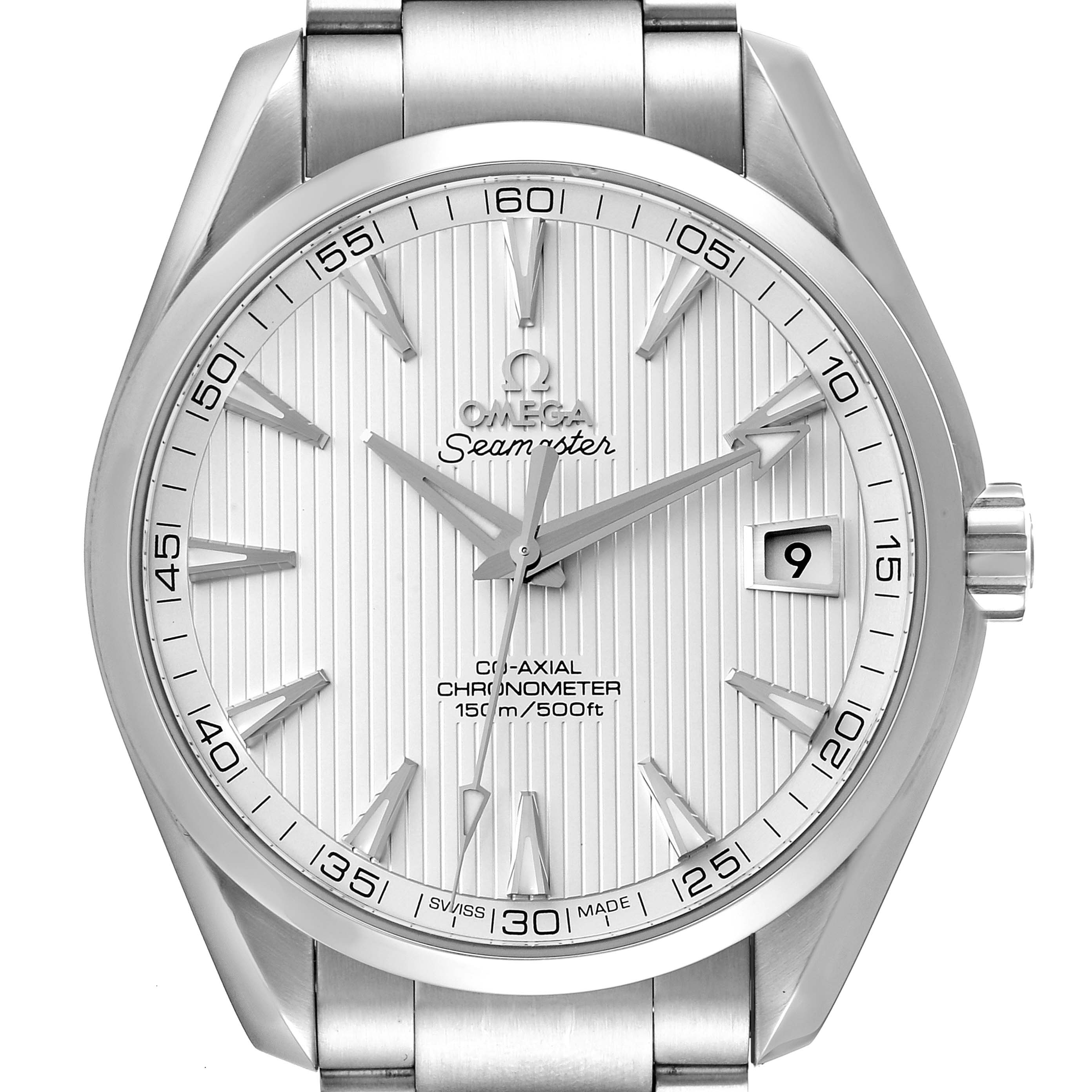 The image shows a front view of the Omega Aqua Terra 231.10.42.21.02.001 Men's Stainless Steel Silver Dial 231.10.42.21.02.001 Men's Stainless Steel Silver Dial watch, highlighting its face, bracelet, and crown.