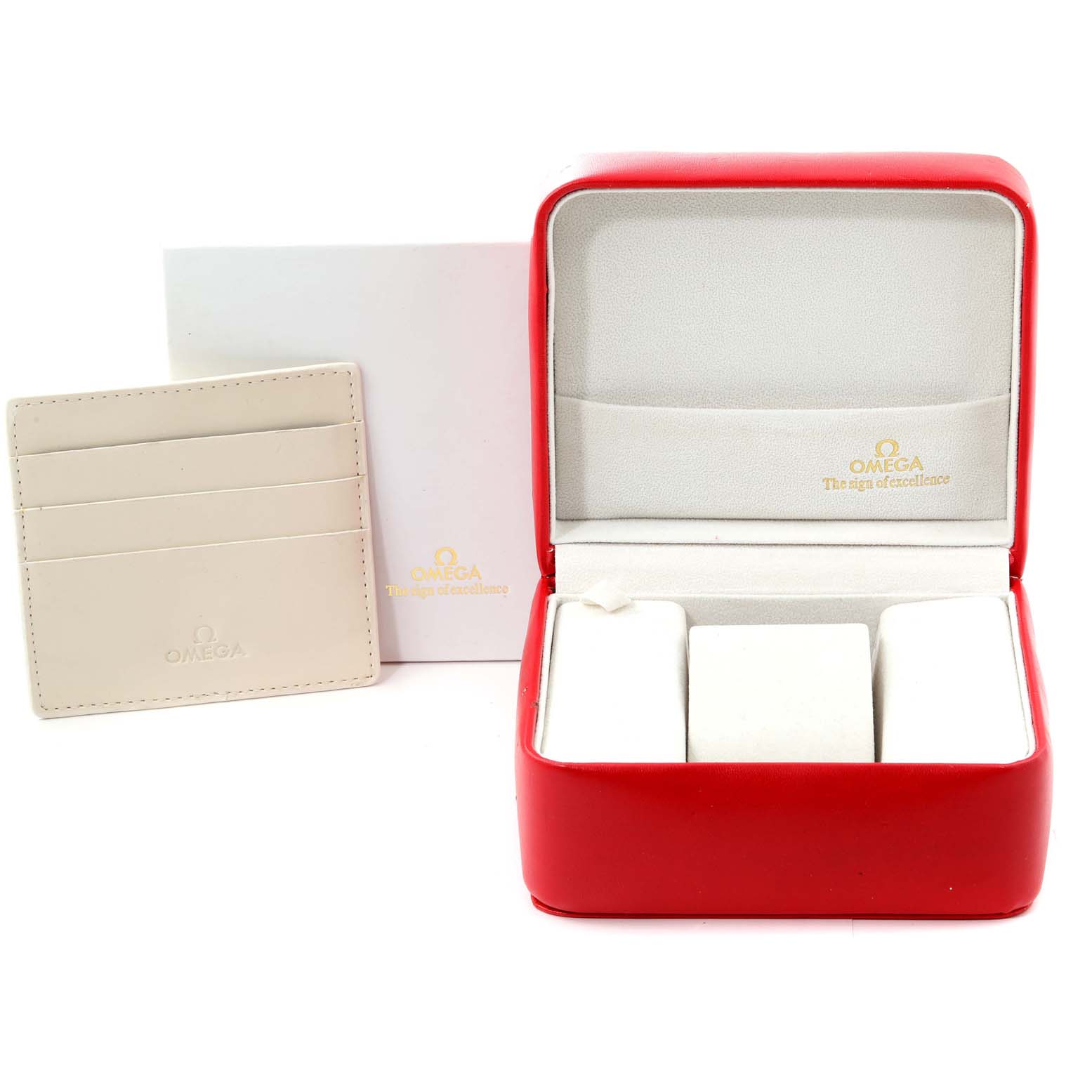 The image shows the packaging and a card holder for the Omega Aqua Terra 231.10.42.21.02.001 Men's Stainless Steel Silver Dial 231.10.42.21.02.001 Men's Stainless Steel Silver Dial watch model, featuring a red box and a white card case.