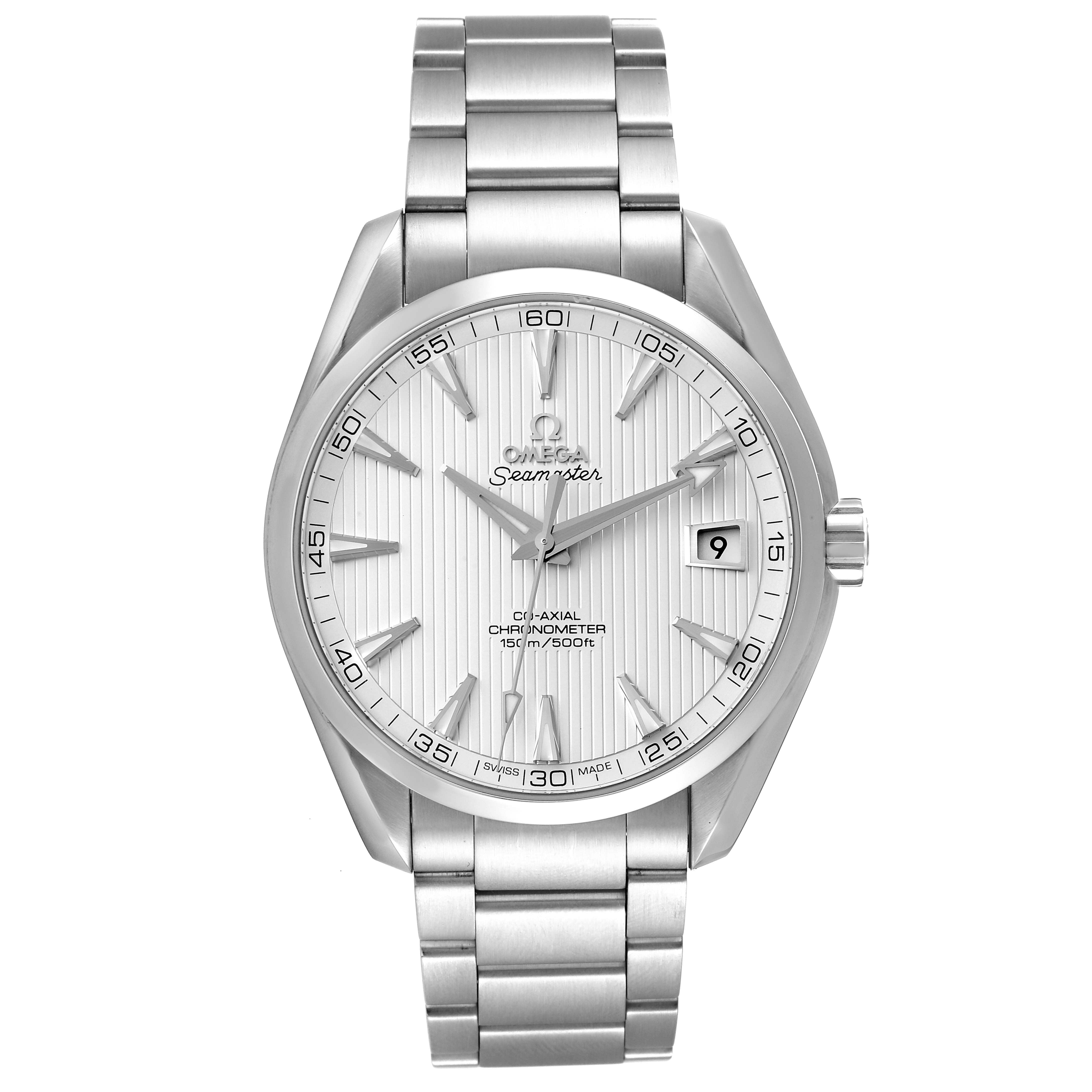 The image shows a front view of the Omega Aqua Terra 231.10.42.21.02.001 Men's Stainless Steel Silver Dial 231.10.42.21.02.001 Men's Stainless Steel Silver Dial watch, displaying the dial, hands, bracelet, and date window.