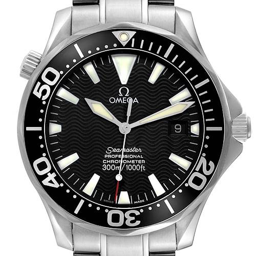 The Omega Seamaster watch is shown from a front angle, highlighting the dial, bezel, and bracelet.
