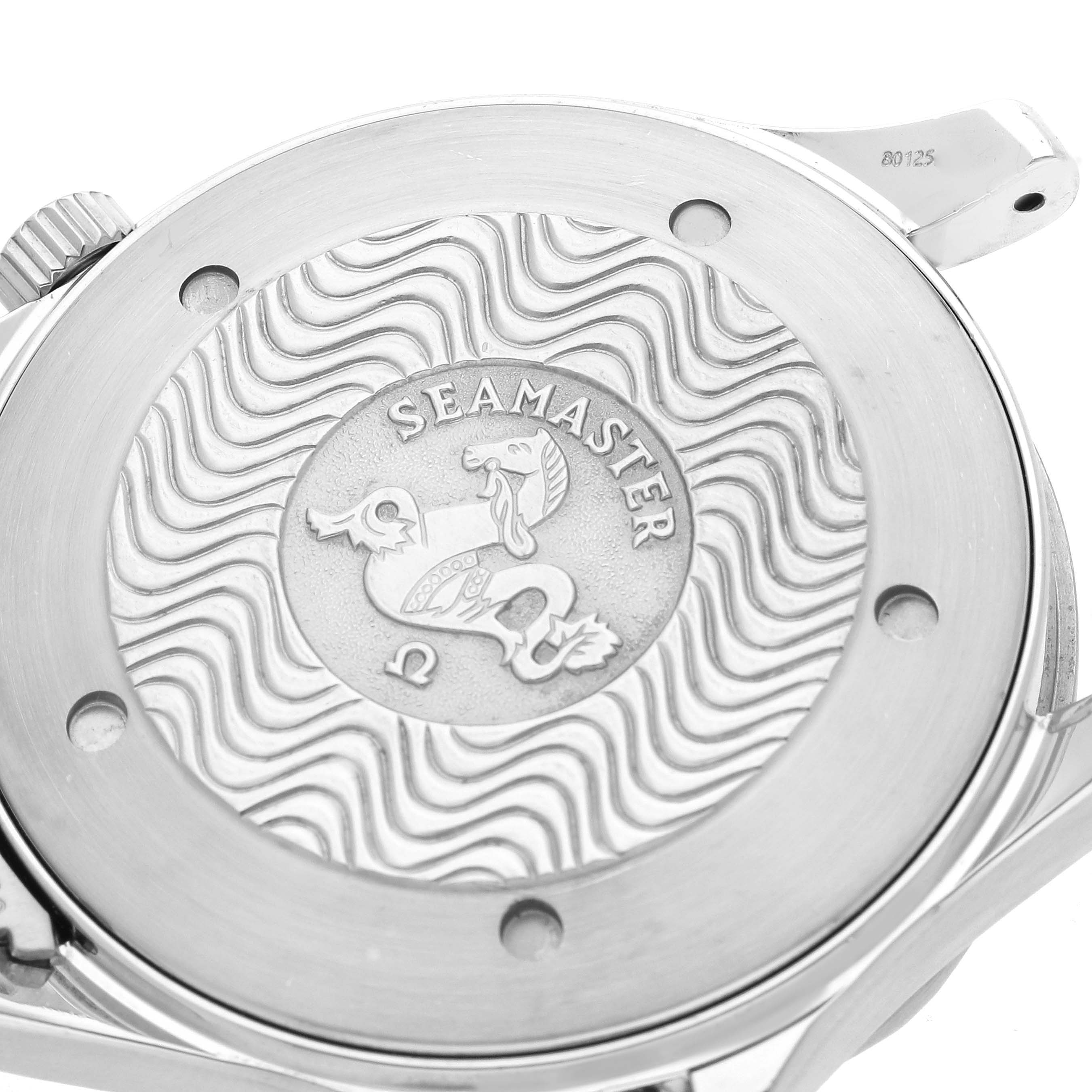 The image shows the back case of an Omega Seamaster 2254.50.00 Men's Stainless Steel Black Dial 2254.50.00 Men's Stainless Steel Black Dial watch, featuring the engraved logo and wave pattern design.