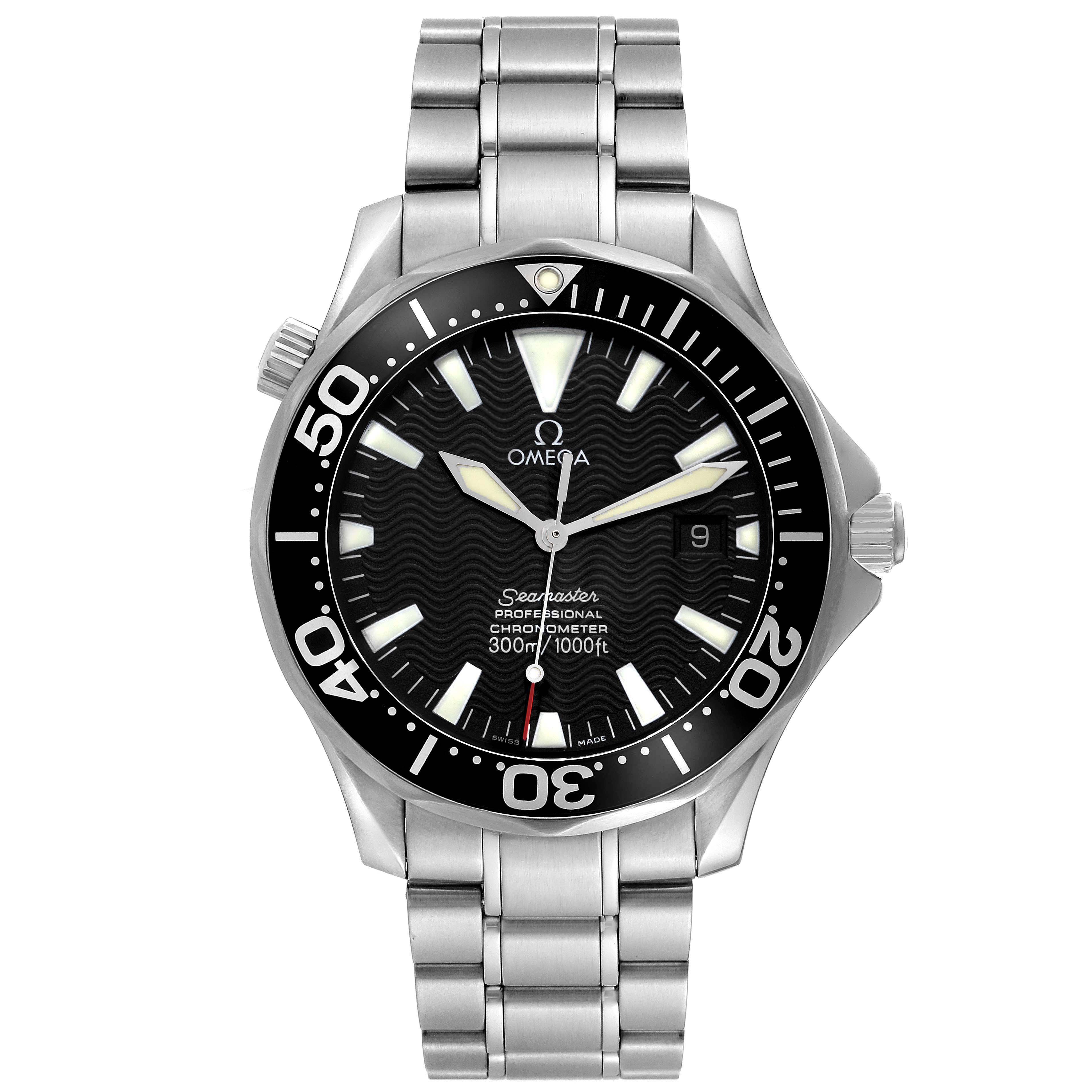 The Omega Seamaster 2254.50.00 Men's Stainless Steel Black Dial 2254.50.00 Men's Stainless Steel Black Dial watch is shown from a front angle, featuring the dial, bezel, crown, and stainless steel bracelet.