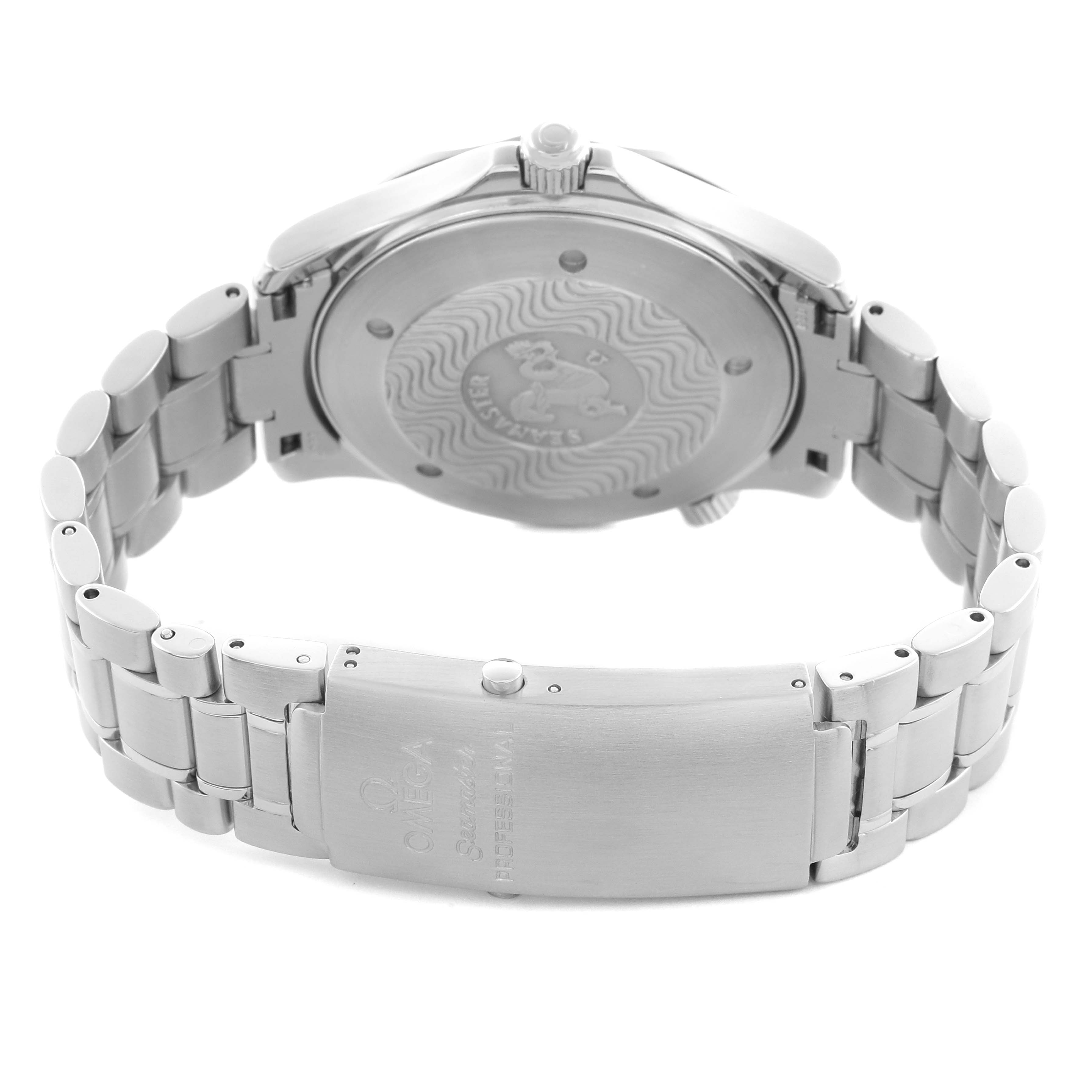 The image shows the Omega Seamaster 2254.50.00 Men's Stainless Steel Black Dial 2254.50.00 Men's Stainless Steel Black Dial watch from a rear angle, displaying the case back and stainless steel bracelet clasp.