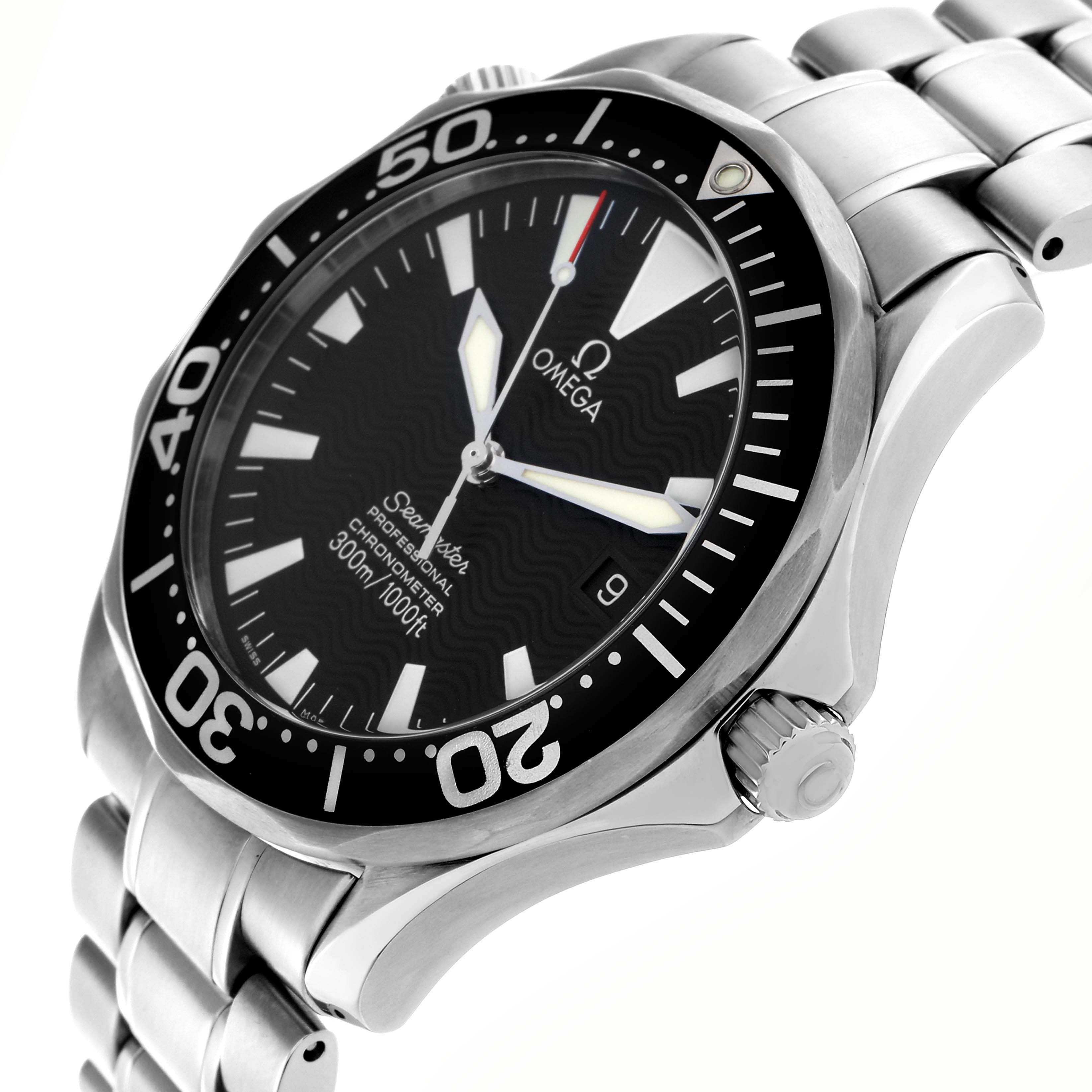 The Omega Seamaster 2254.50.00 Men's Stainless Steel Black Dial 2254.50.00 Men's Stainless Steel Black Dial watch is shown at a tilted angle, highlighting the bezel, dial, and part of the bracelet.