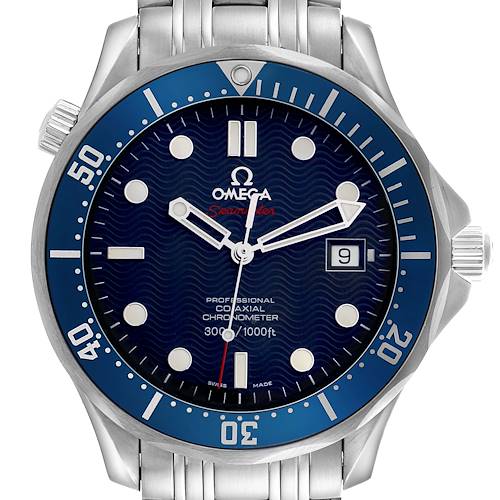 The Omega Seamaster watch is shown from the front, displaying its dial, bezel, metal bracelet, hands, and date window.