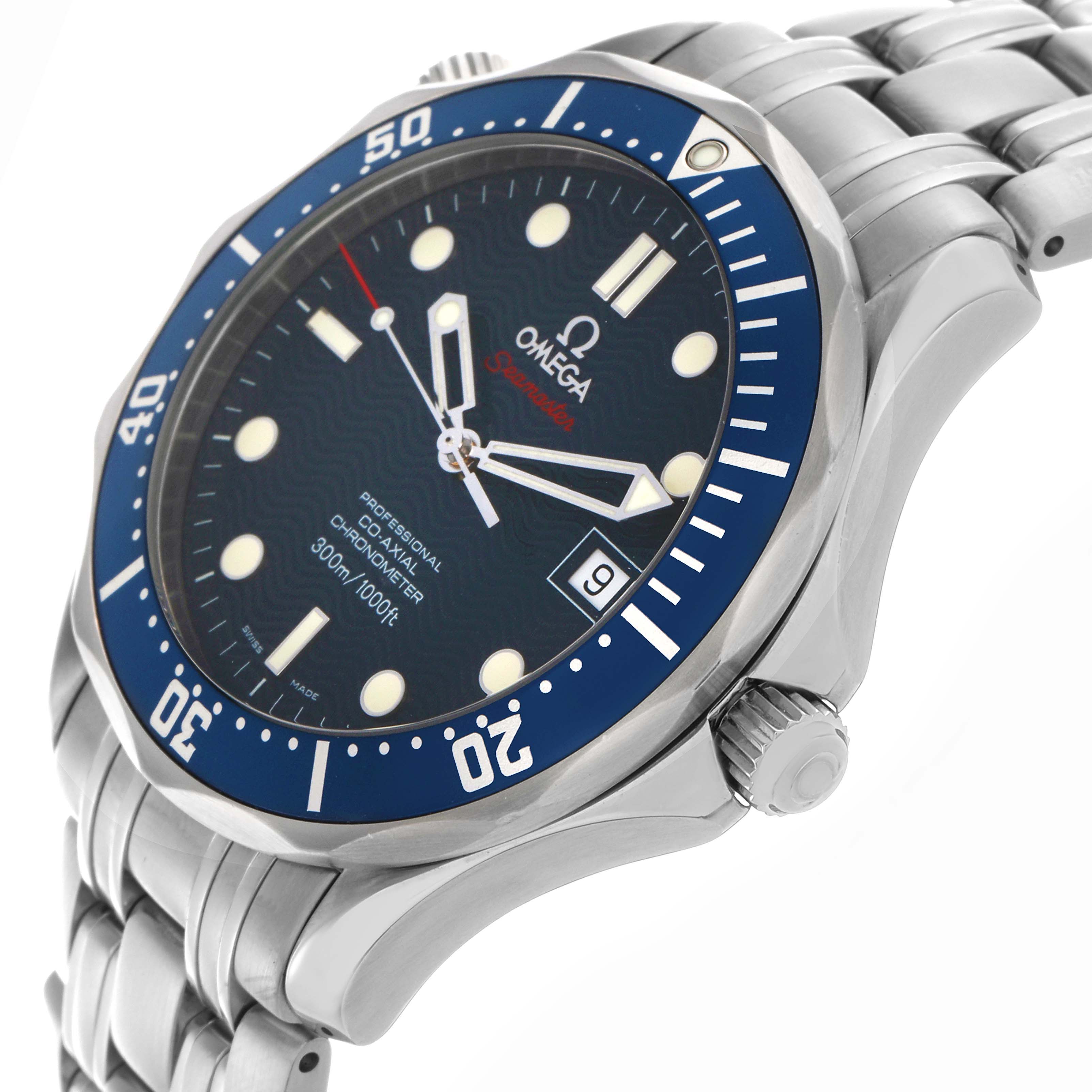 The Omega Seamaster 70789 Men's Stainless Steel Blue Dial 70789 Men's Stainless Steel Blue Dial watch is shown at a side angle highlighting the dial, bezel, crown, and part of the bracelet.