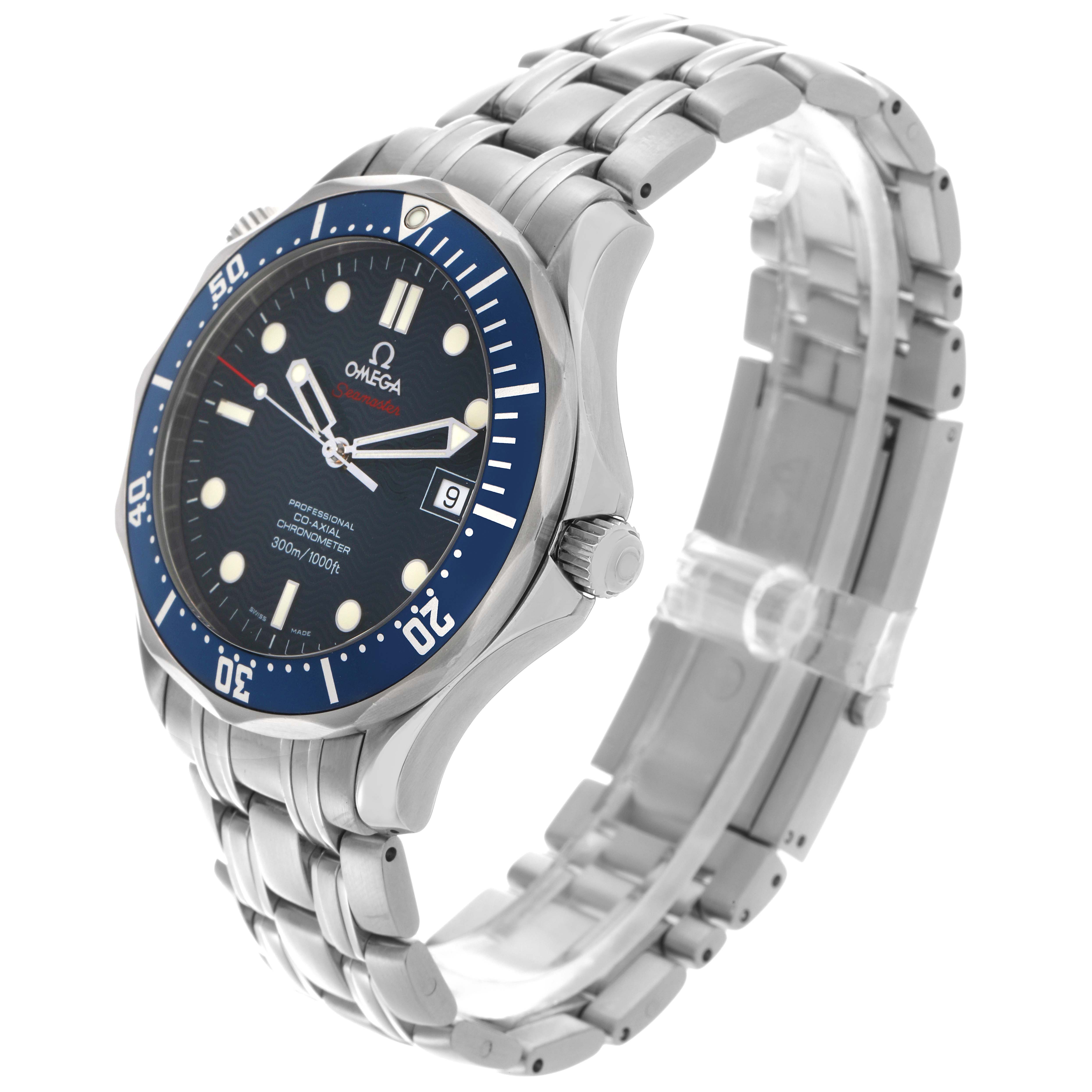 The Omega Seamaster 70789 Men's Stainless Steel Blue Dial 70789 Men's Stainless Steel Blue Dial watch is shown at a three-quarter angle, displaying its face, side, bezel, crown, and metal bracelet.