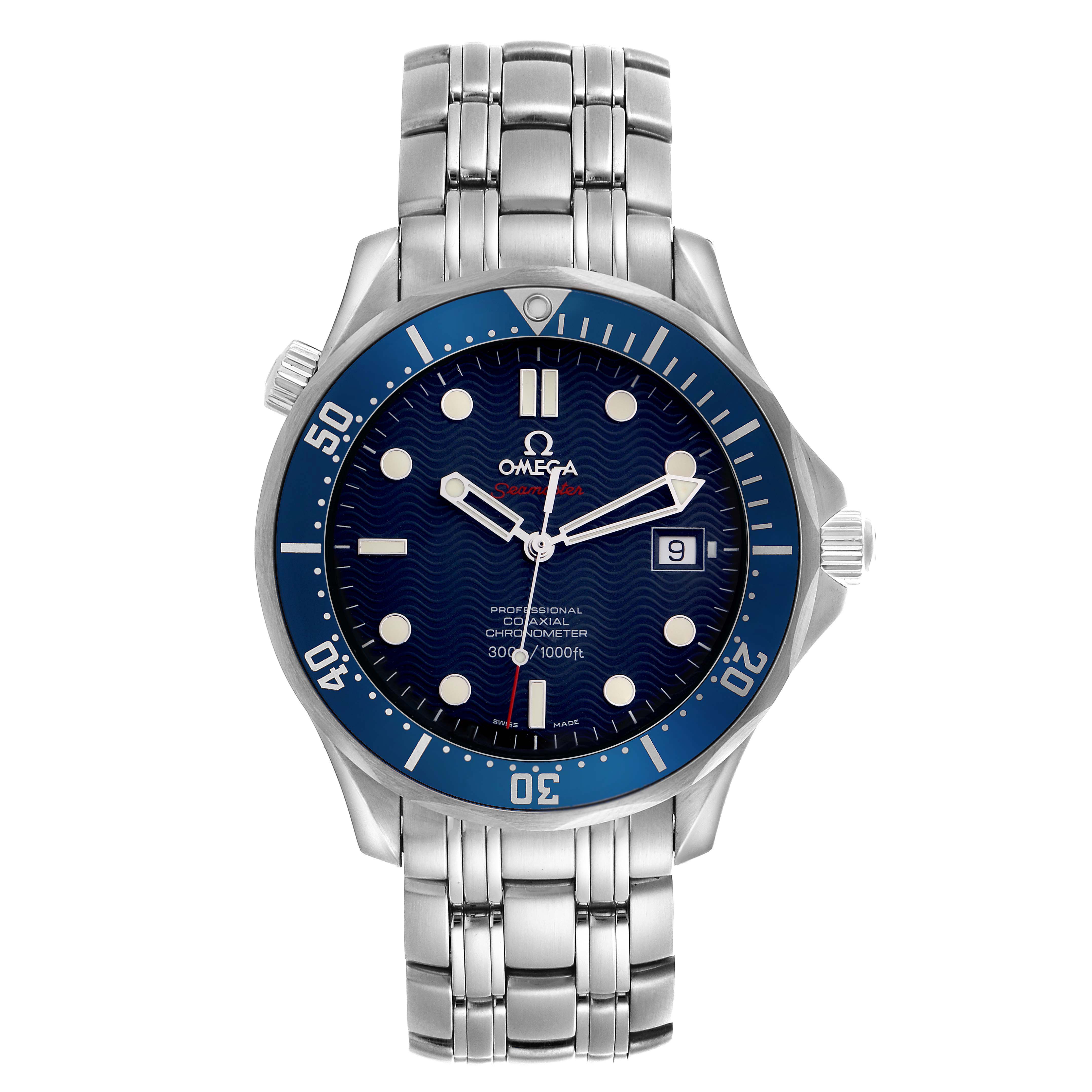 The image shows an Omega Seamaster 70789 Men's Stainless Steel Blue Dial 70789 Men's Stainless Steel Blue Dial watch from a front angle, highlighting the dial, bezel, and bracelet.