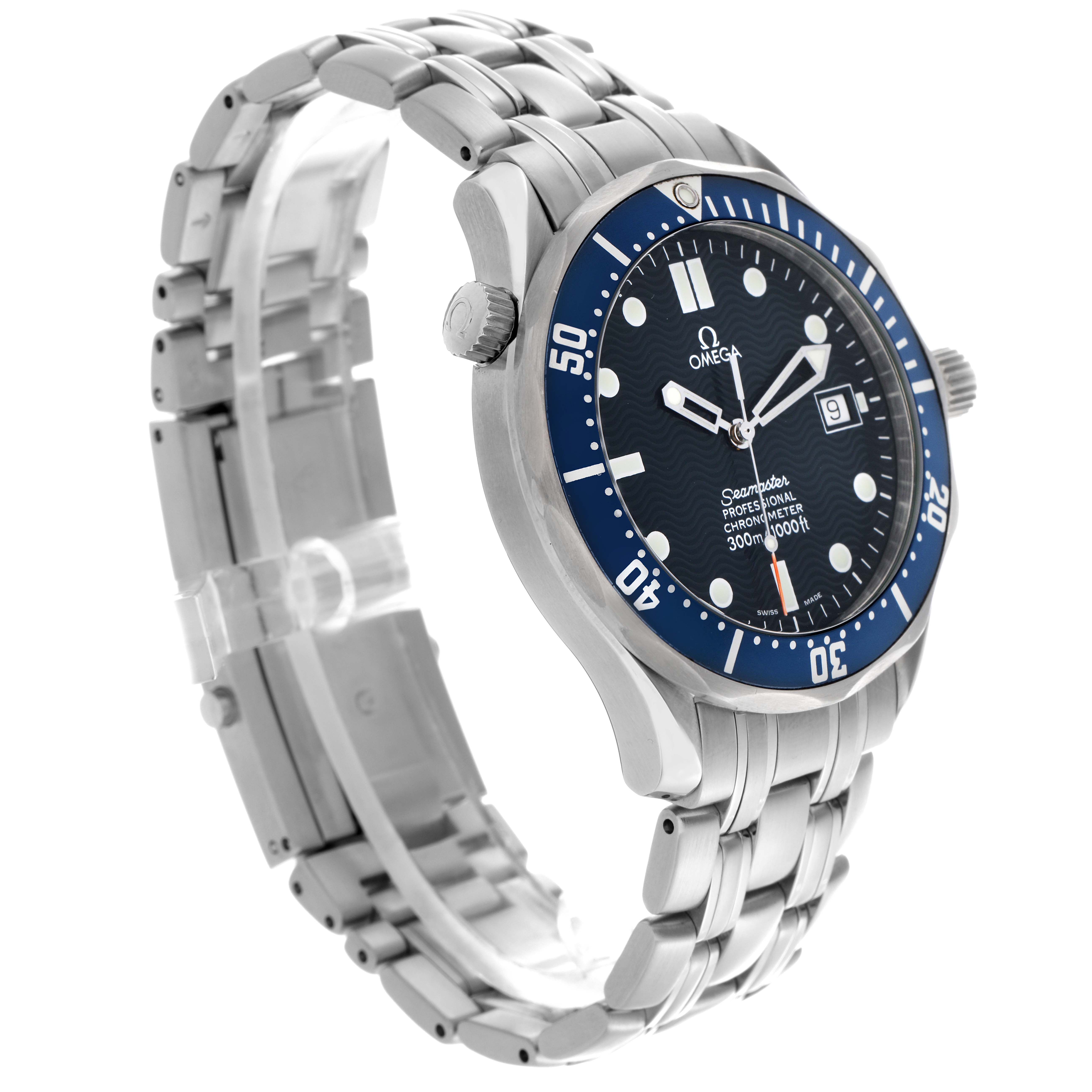 The Omega Seamaster 2531.80.00 Men's Stainless Steel Blue Dial 2531.80.00 Men's Stainless Steel Blue Dial watch is shown at a slight angle, highlighting the face, bezel, and metal bracelet.