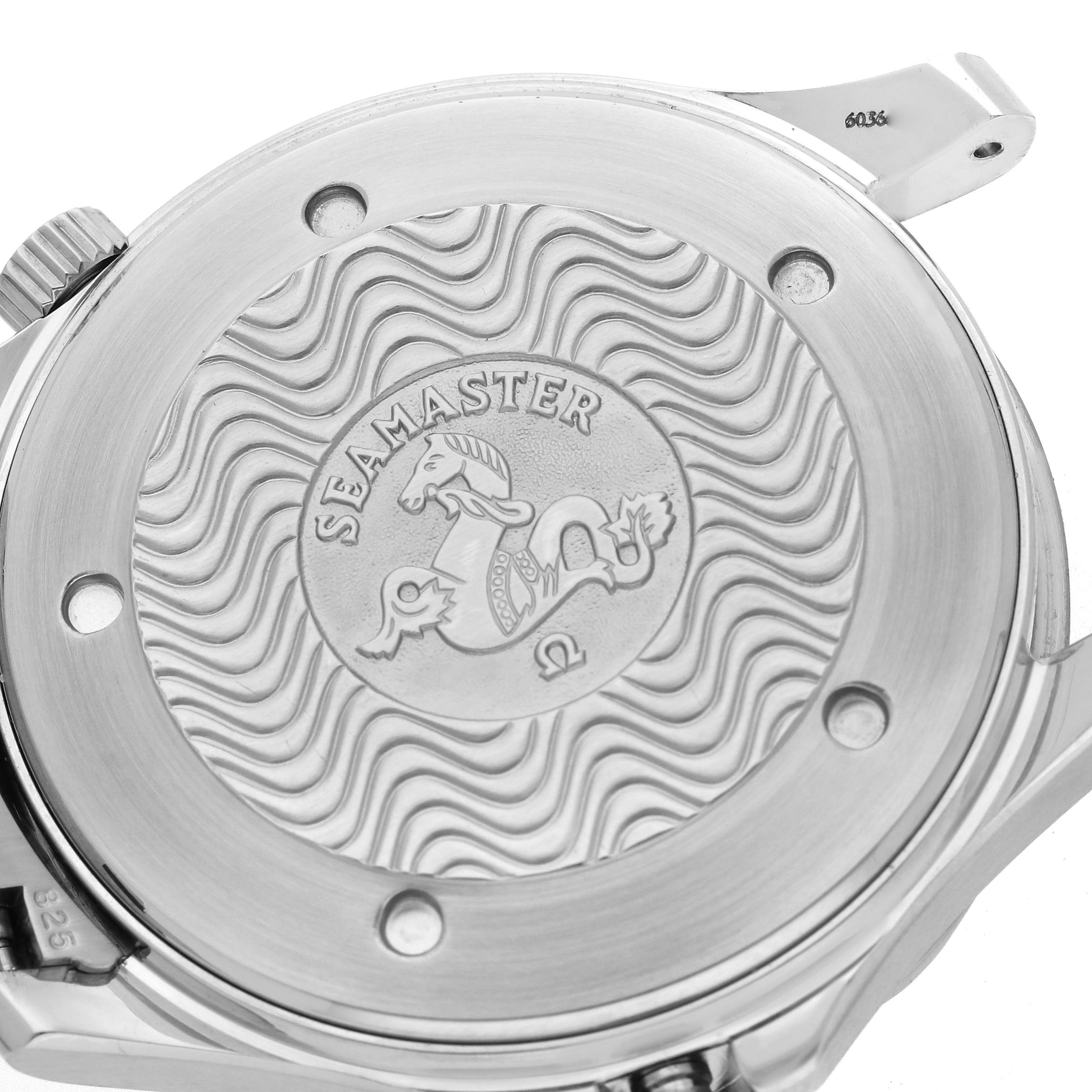 The image shows the back case of an Omega Seamaster 2531.80.00 Men's Stainless Steel Blue Dial 2531.80.00 Men's Stainless Steel Blue Dial watch, featuring engraved wave patterns and branding details.