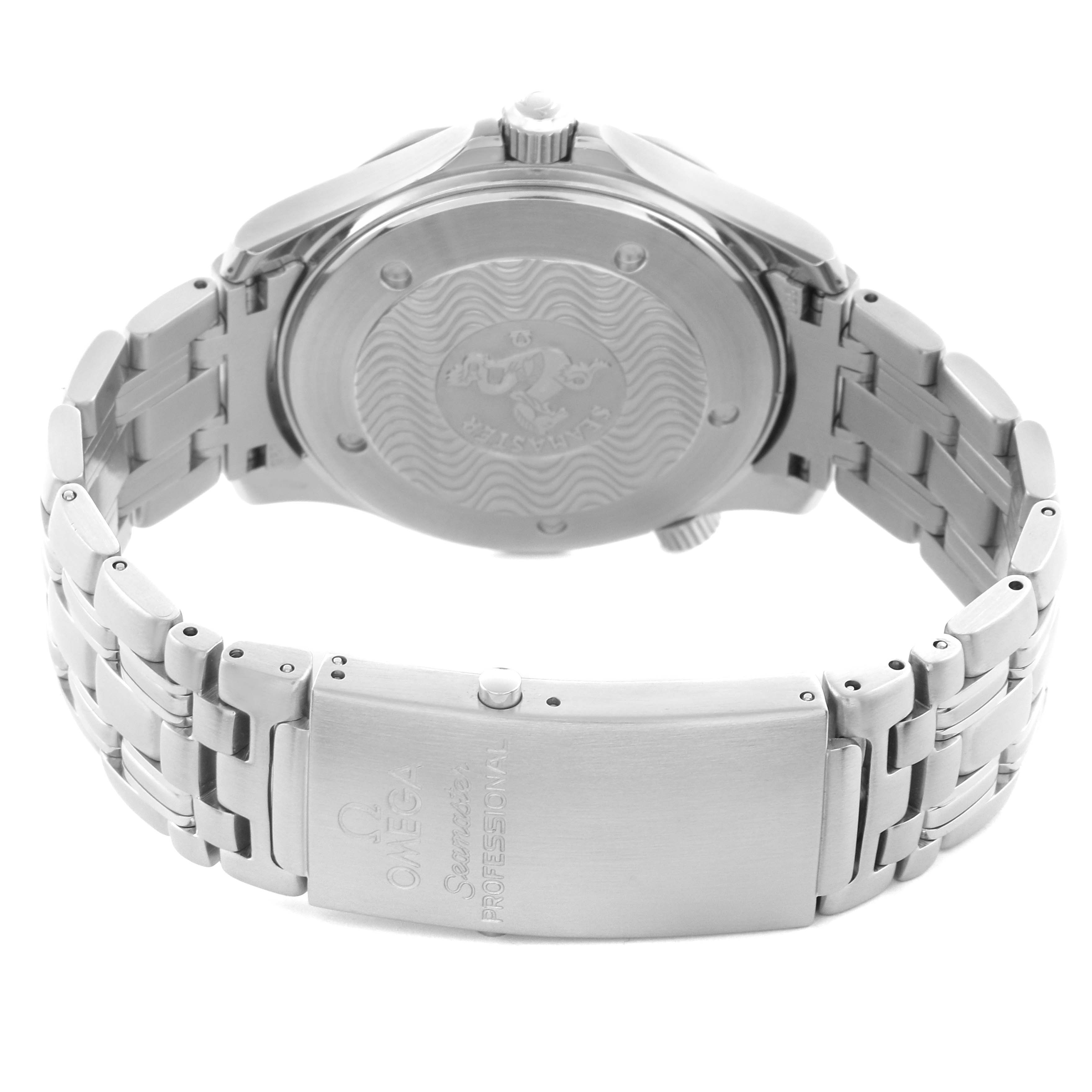 The Omega Seamaster 2531.80.00 Men's Stainless Steel Blue Dial 2531.80.00 Men's Stainless Steel Blue Dial watch is displayed from the rear, showcasing its case back and metal bracelet with clasp detailing.