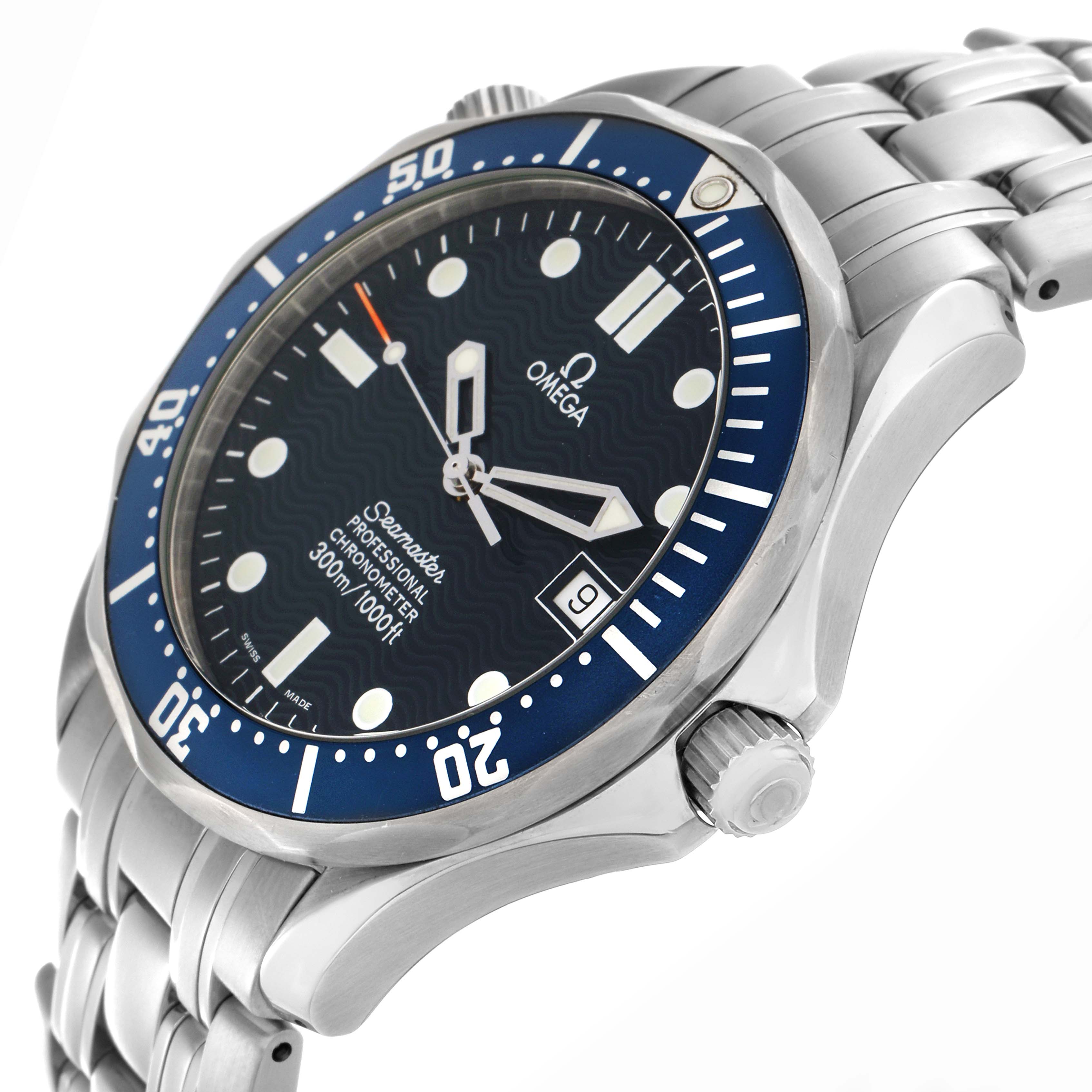 The Omega Seamaster 2531.80.00 Men's Stainless Steel Blue Dial 2531.80.00 Men's Stainless Steel Blue Dial watch is shown at a slight side angle, displaying the dial, bezel, crown, and part of the bracelet.