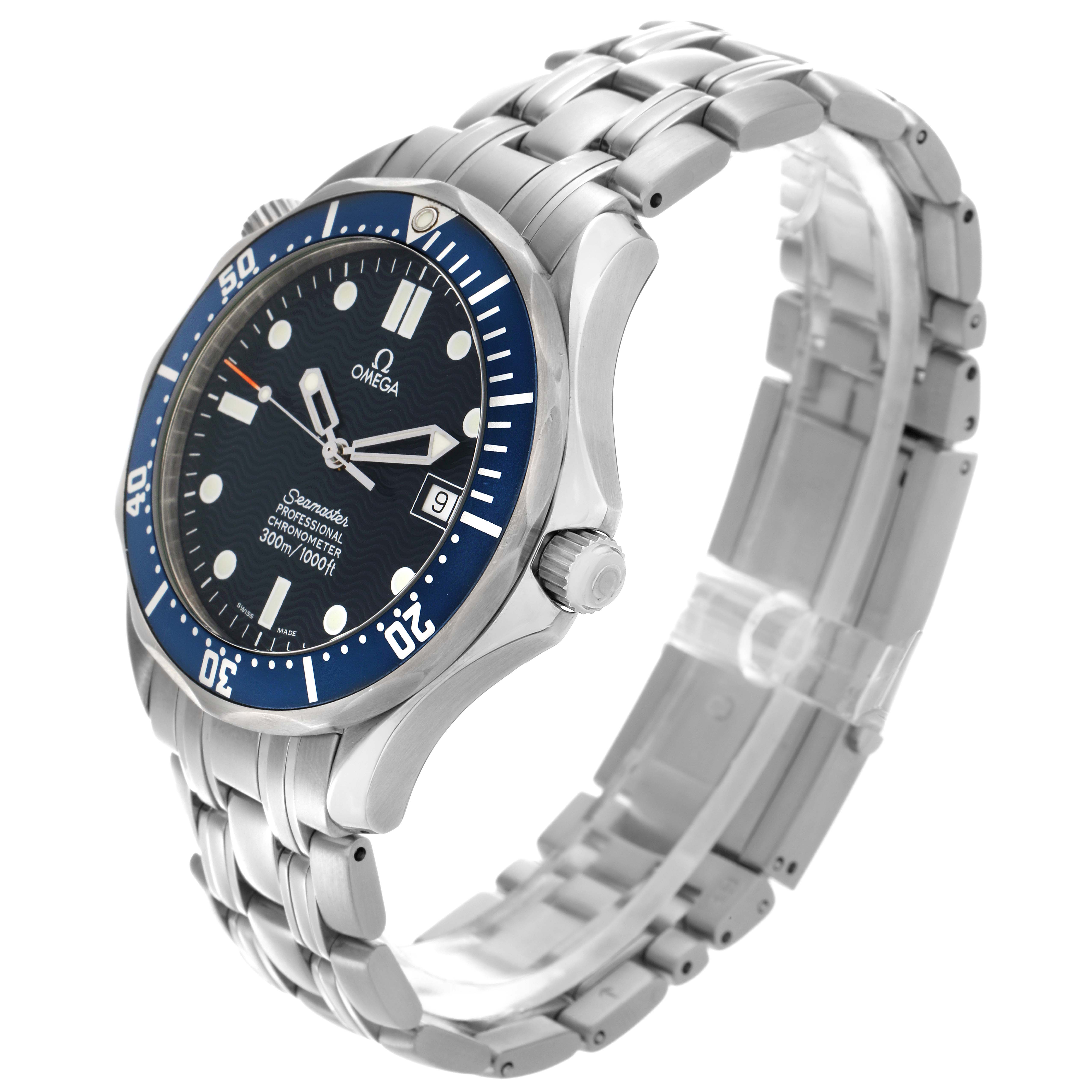 The Omega Seamaster 2531.80.00 Men's Stainless Steel Blue Dial 2531.80.00 Men's Stainless Steel Blue Dial is shown at an angle displaying the face, bezel, crown, and partially extended metal bracelet.
