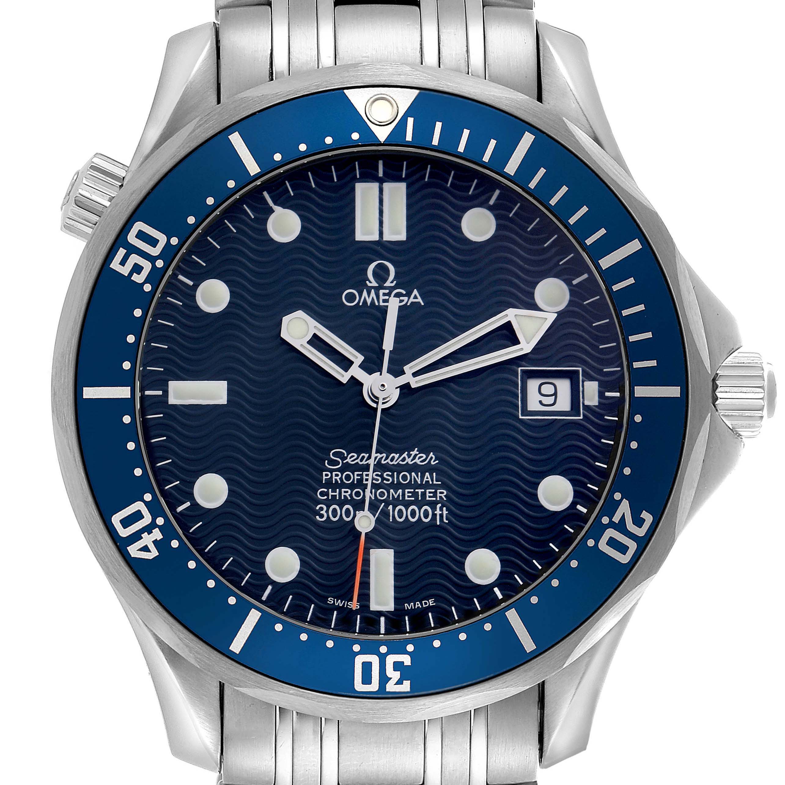 The Omega Seamaster 2531.80.00 Men's Stainless Steel Blue Dial 2531.80.00 Men's Stainless Steel Blue Dial watch is shown from a front angle, highlighting the dial, bezel, and bracelet.
