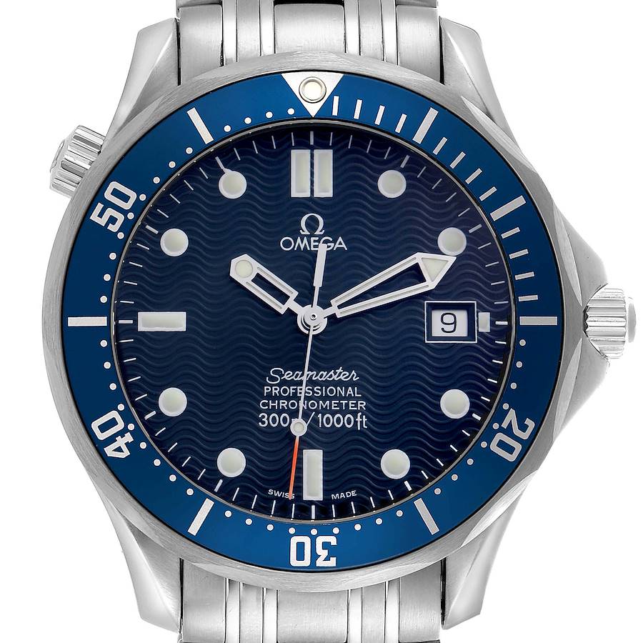 The Omega Seamaster watch is shown from a front angle, highlighting the dial, bezel, and bracelet.