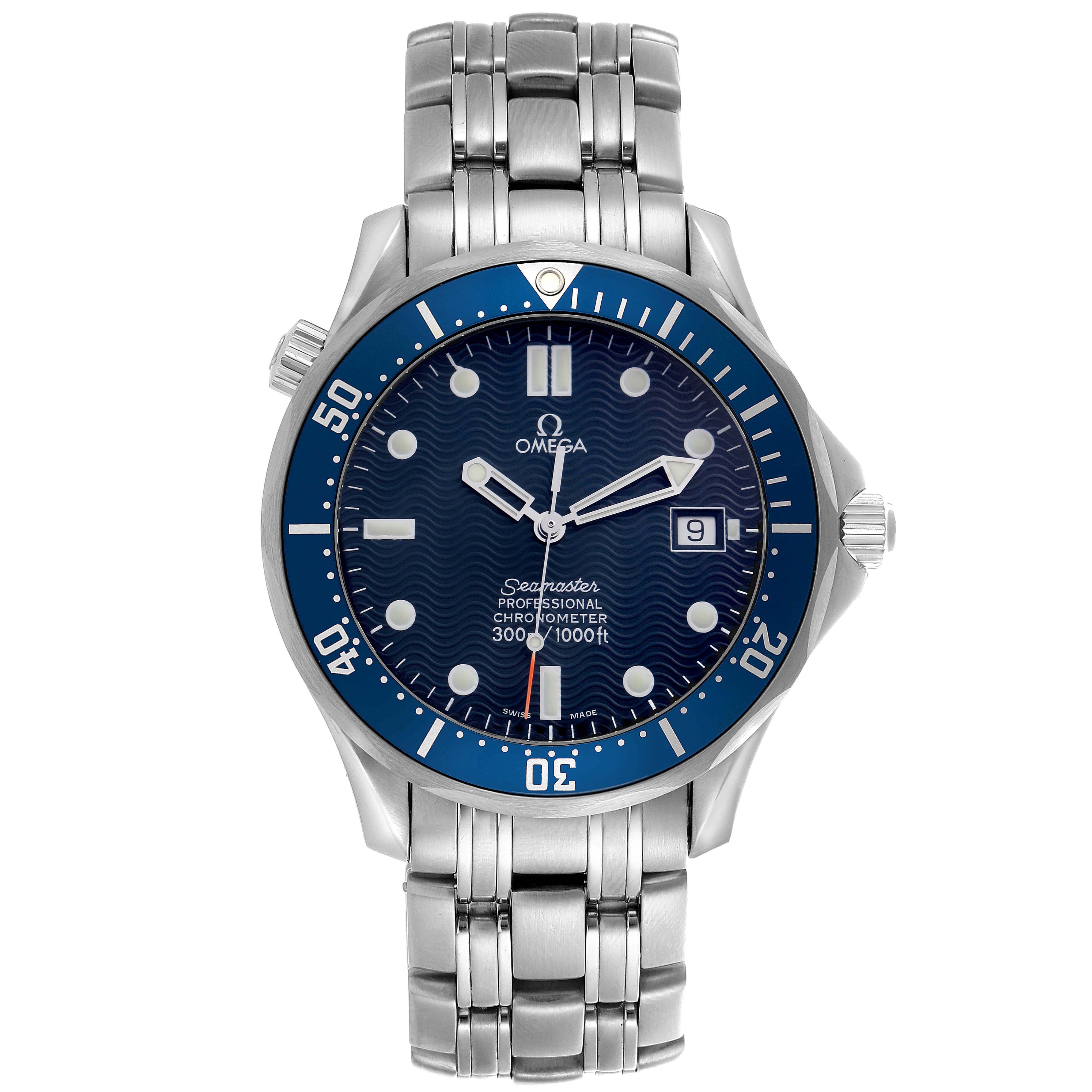 The Omega Seamaster 2531.80.00 Men's Stainless Steel Blue Dial 2531.80.00 Men's Stainless Steel Blue Dial watch is shown from the front, highlighting the dial, bezel, bracelet, and crown.
