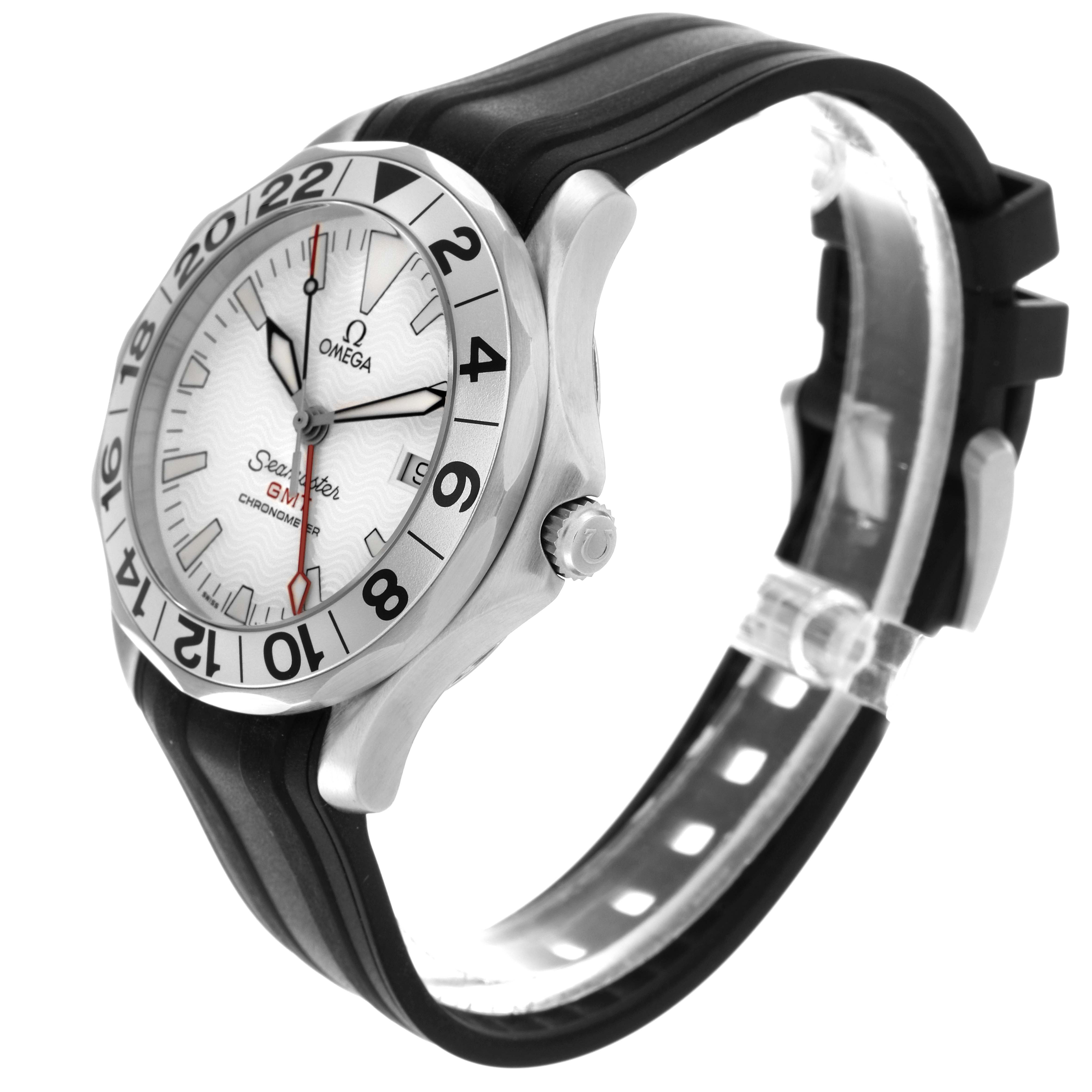 The Omega Seamaster 2538.20.00 Men
s Stainless Steel White Dial 2538.20.00 Men
s Stainless Steel White Dial watch is shown at a side angle, highlighting the face, bezel, crown, and part of the strap.