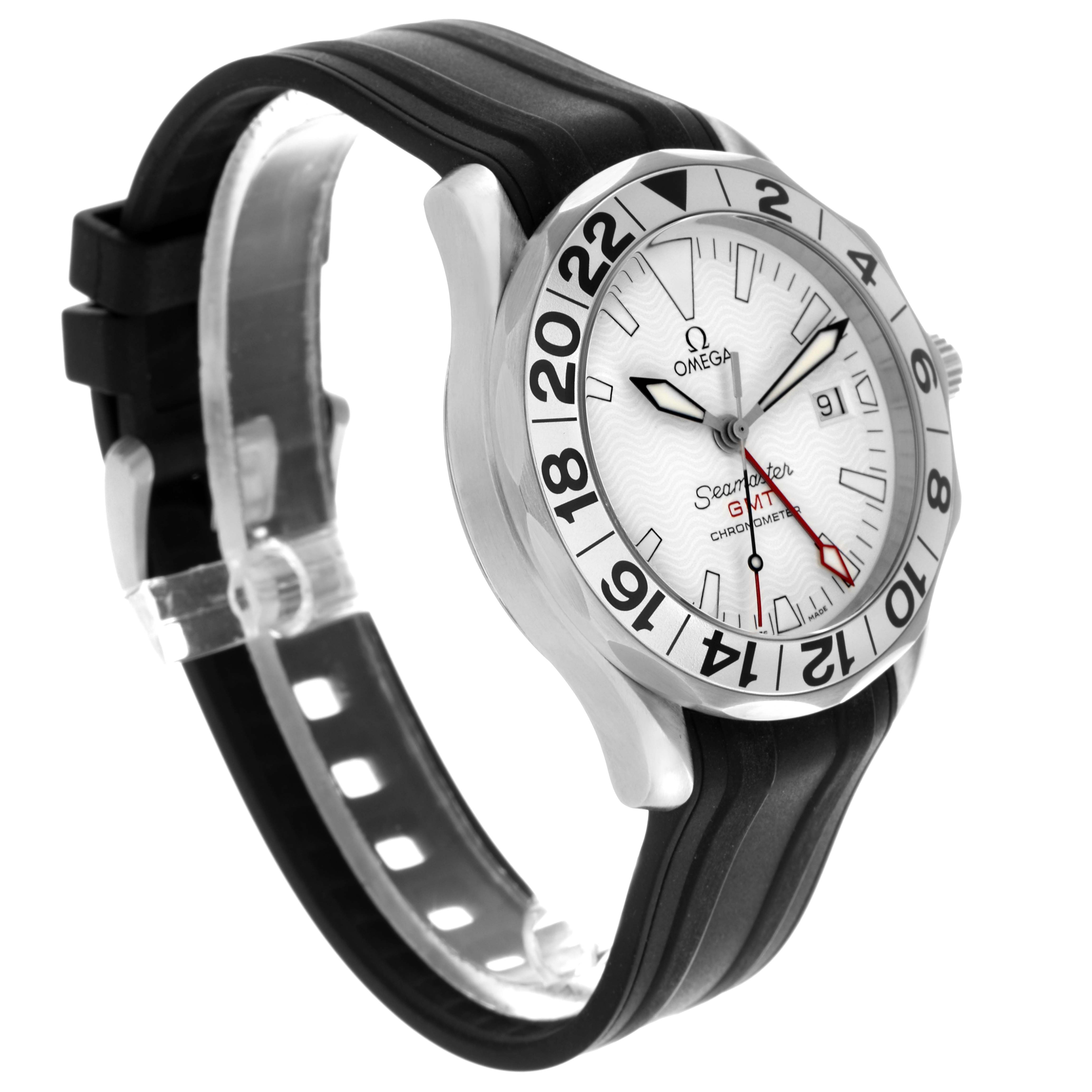 The Omega Seamaster 2538.20.00 Men
s Stainless Steel White Dial 2538.20.00 Men
s Stainless Steel White Dial is shown at a three-quarter angle, highlighting the face, bezel, and black rubber strap.