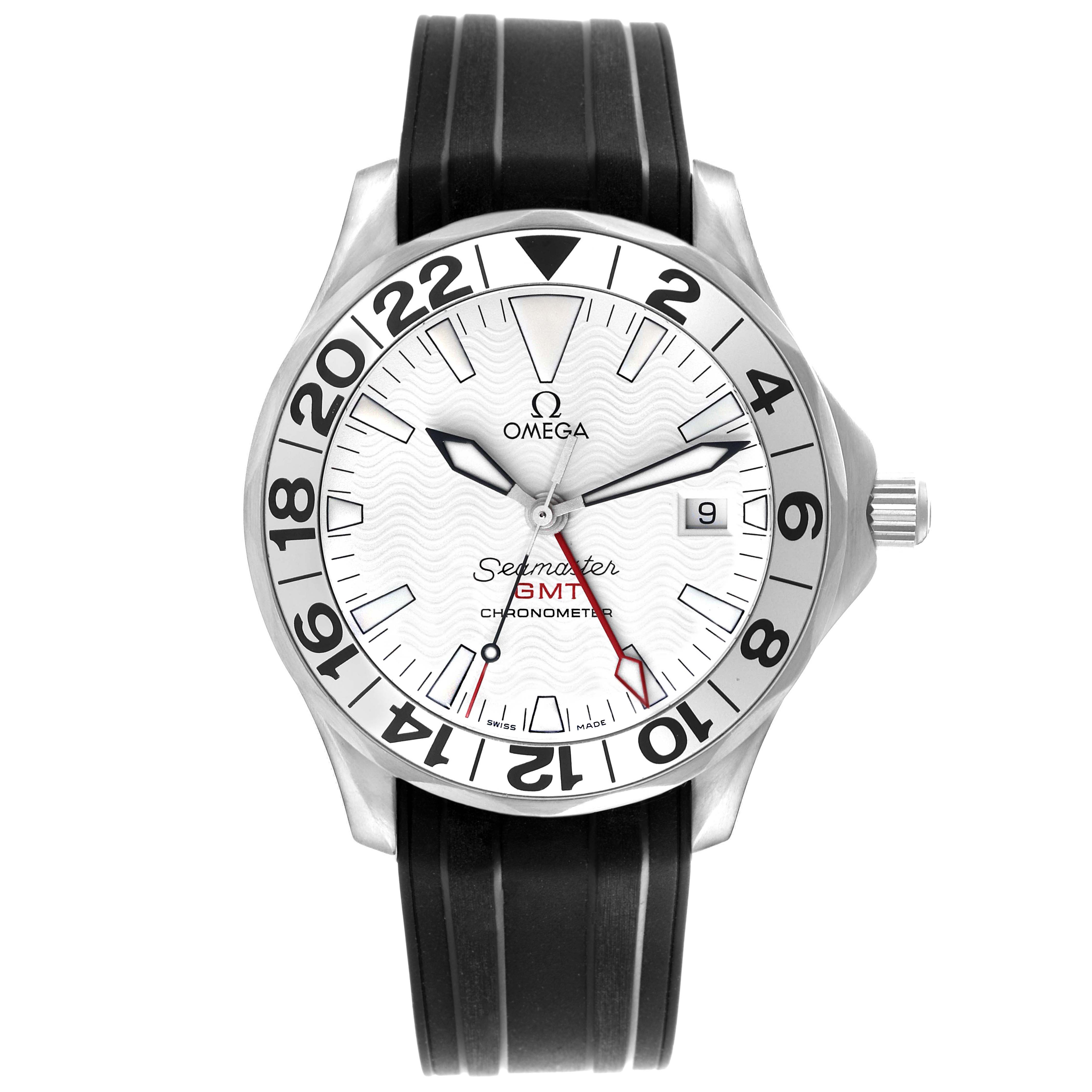 The Omega Seamaster 2538.20.00 Men
s Stainless Steel White Dial 2538.20.00 Men
s Stainless Steel White Dial watch is shown from a top view, displaying the face, bezel, crown, and strap.