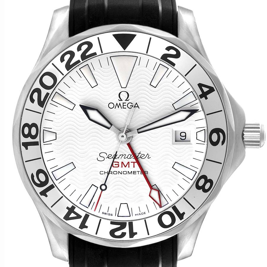 The Omega Seamaster model is shown from a frontal angle, highlighting the dial, hands, bezel, and crown.