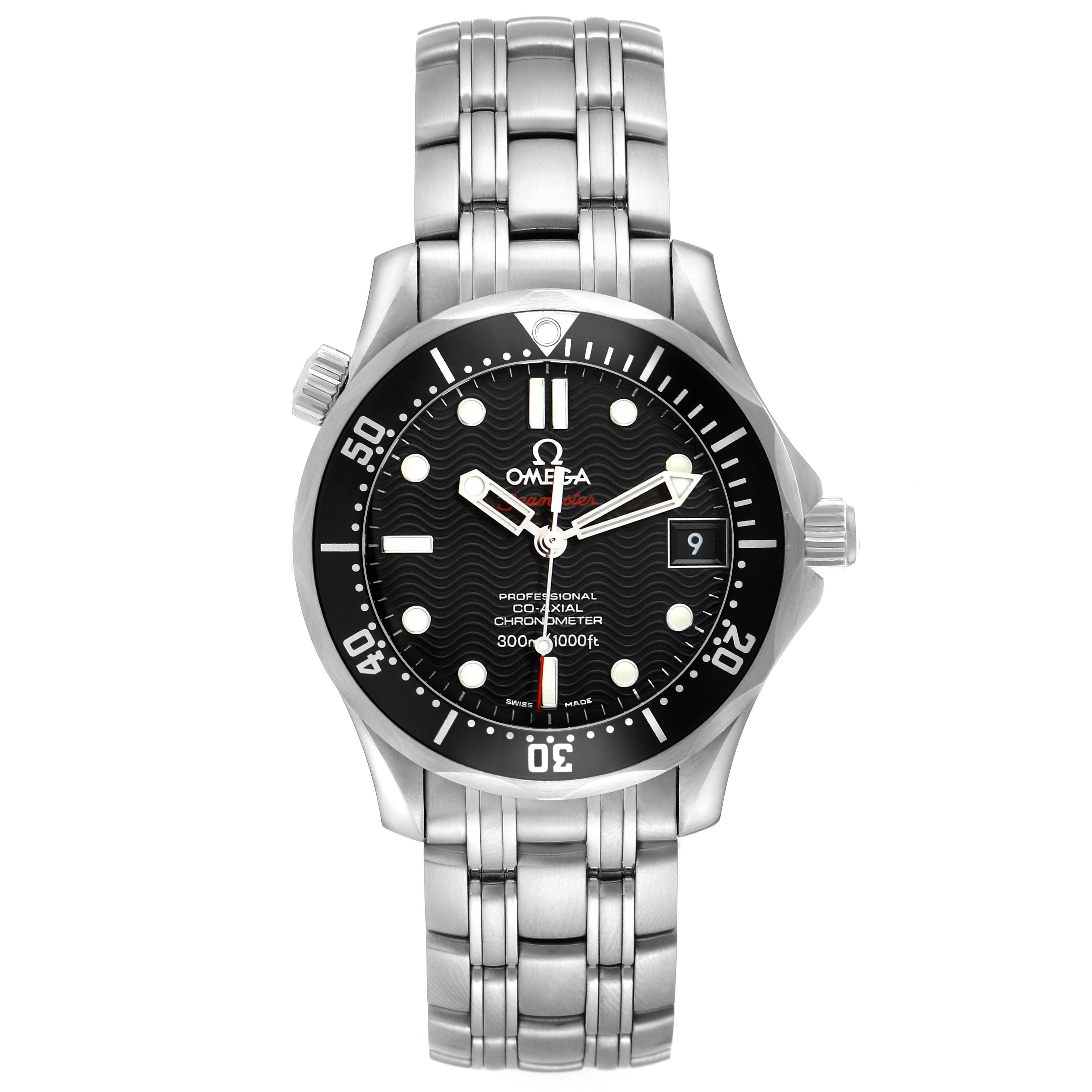 The Omega watch is shown from a top-down angle, displaying the face, bezel, and bracelet clearly.