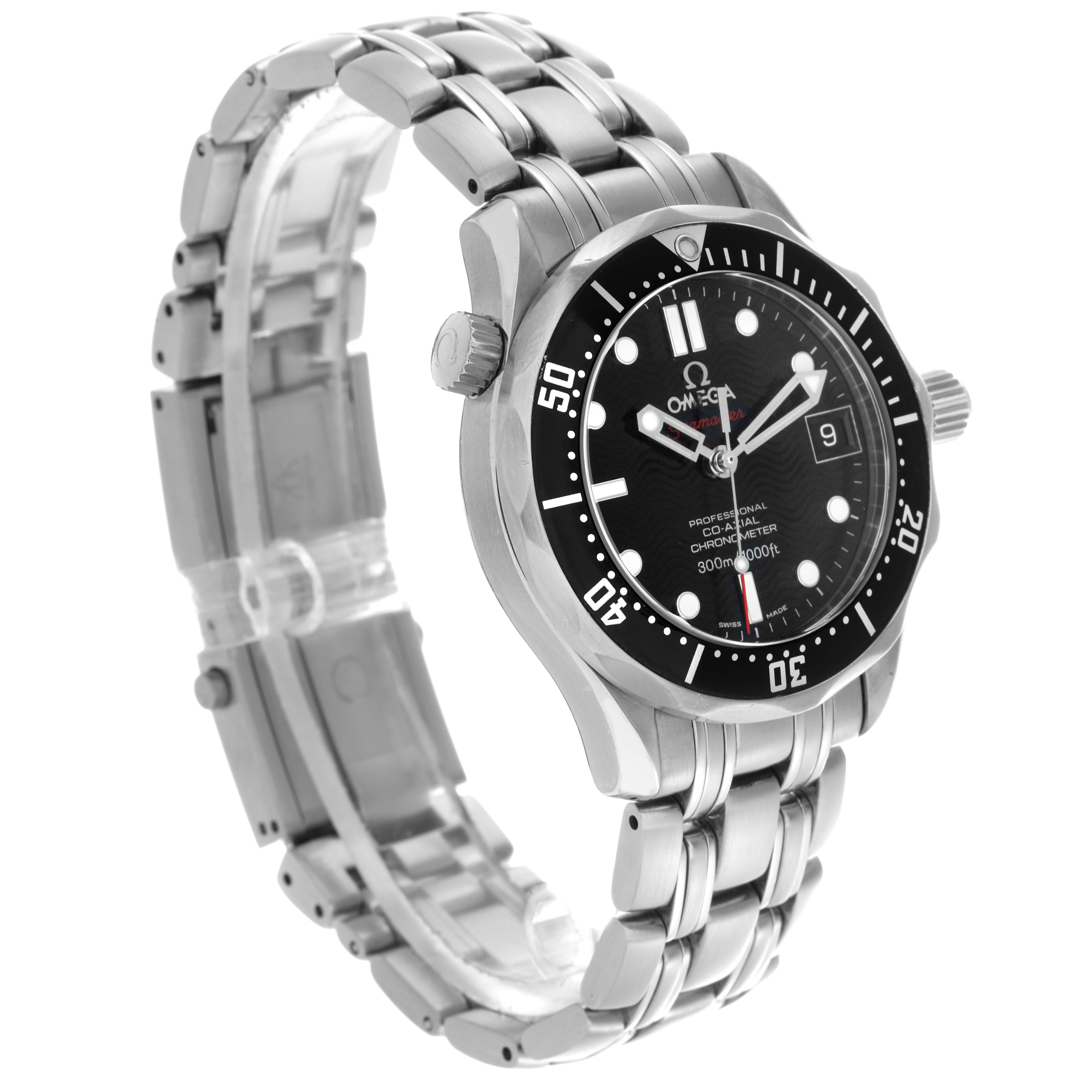 The Omega Speedmaster 212.30.36.20.01.001 Men's Stainless Steel Black Dial 212.30.36.20.01.001 Men's Stainless Steel Black Dial watch is shown at a slight angle, highlighting the face, bezel, and bracelet.