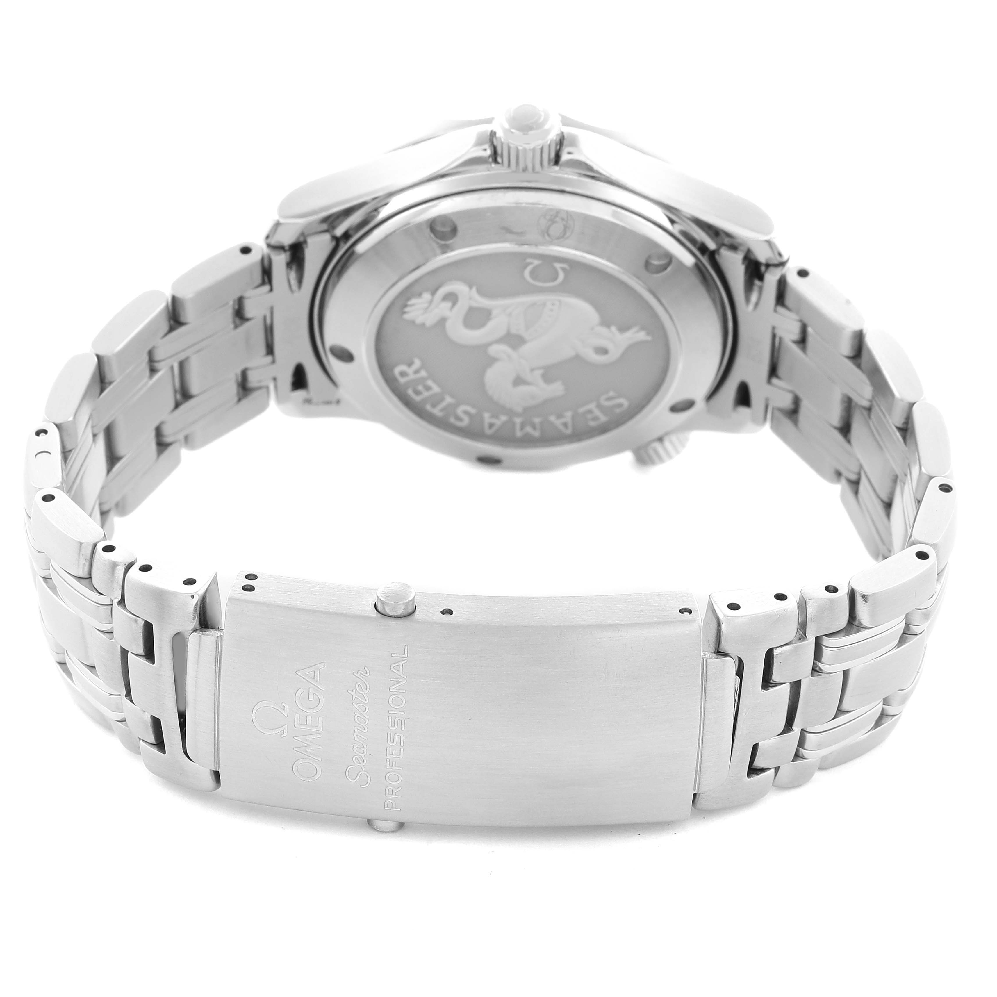 The Omega Speedmaster 212.30.36.20.01.001 Men's Stainless Steel Black Dial 212.30.36.20.01.001 Men's Stainless Steel Black Dial watch is shown from the back, highlighting the case back and bracelet with clasp.